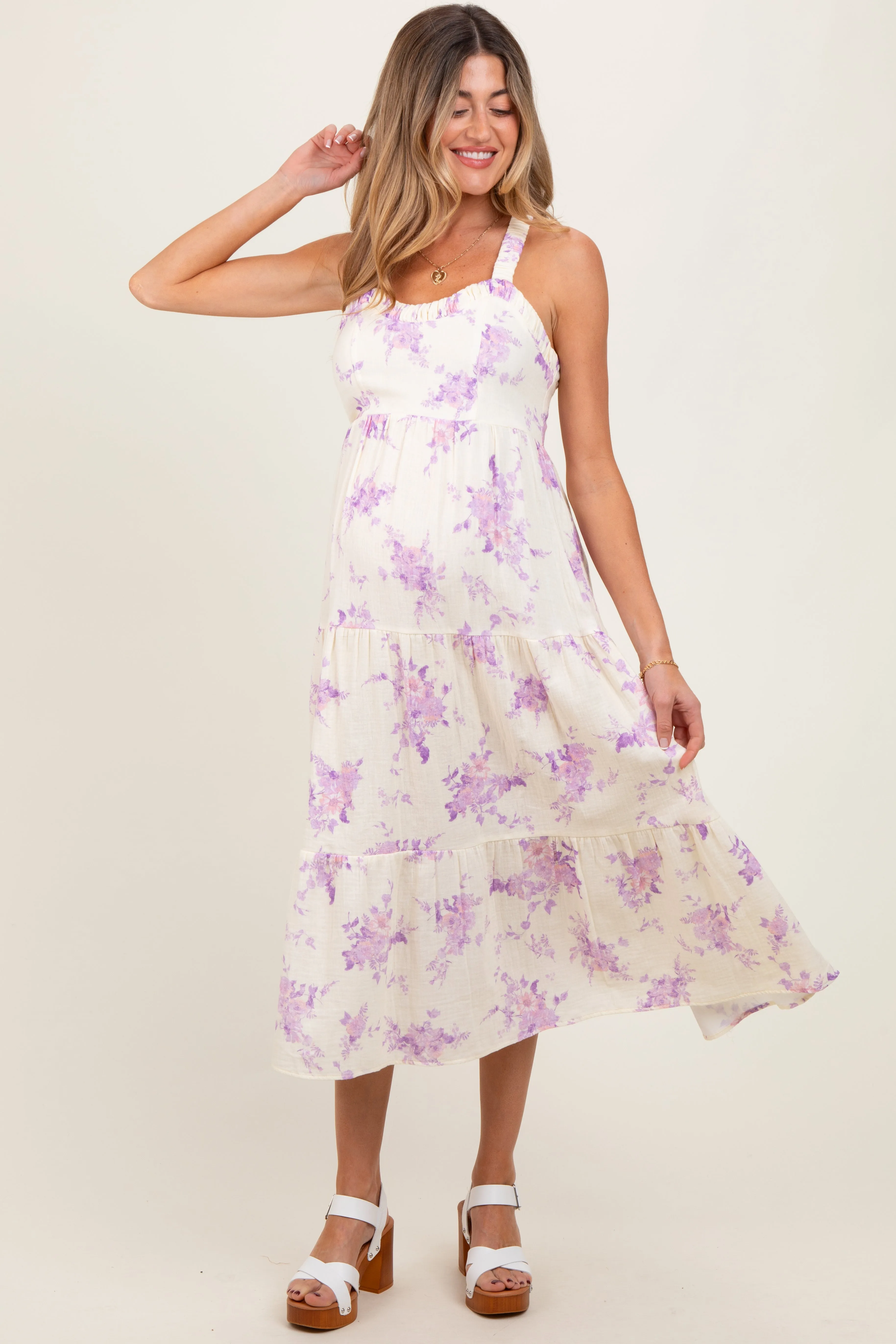 Cream Floral Tiered Crisscross Back Maternity Midi Dress sold by Pinkblush product image thumbnail 2