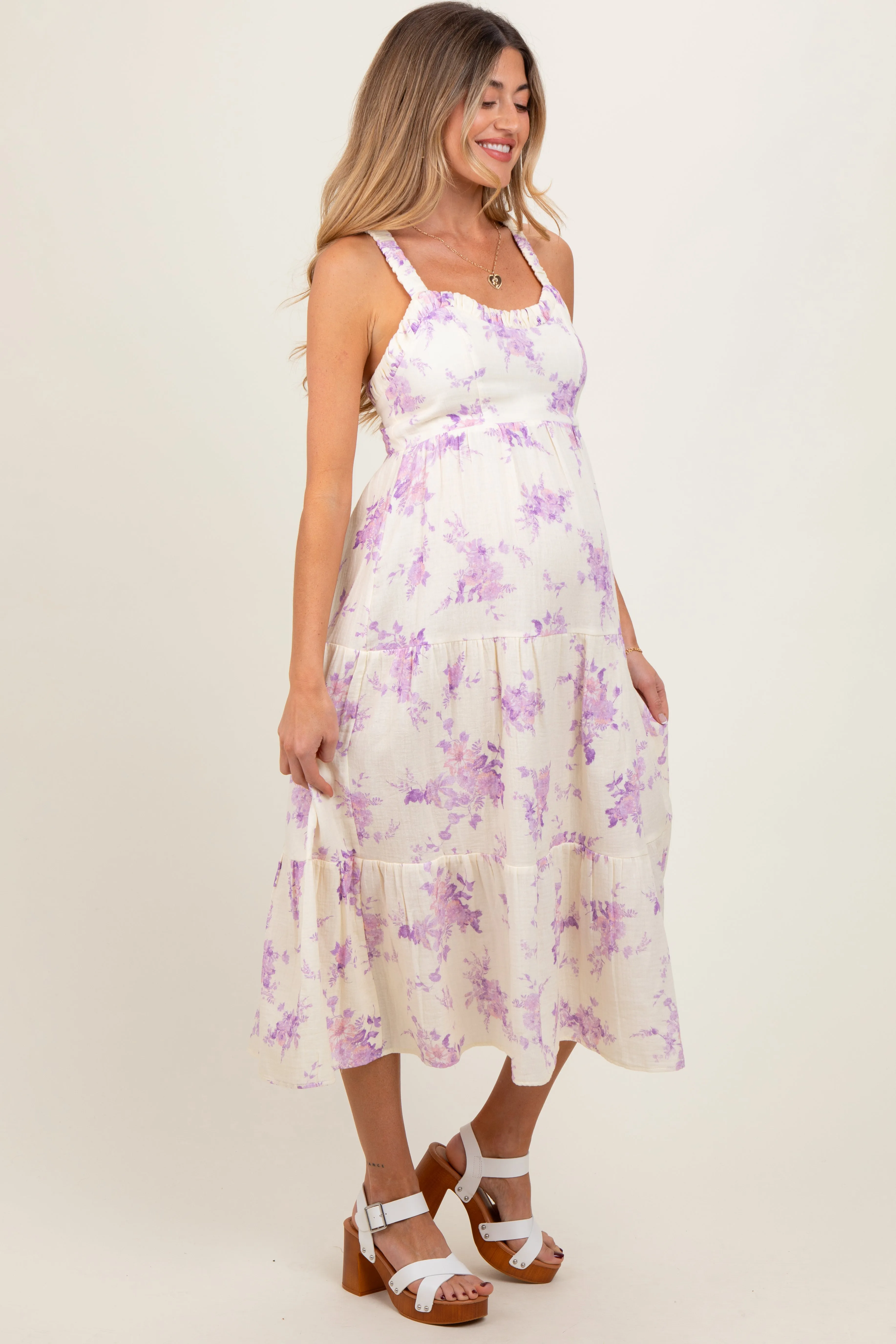 Cream Floral Tiered Crisscross Back Maternity Midi Dress sold by Pinkblush product image thumbnail 3