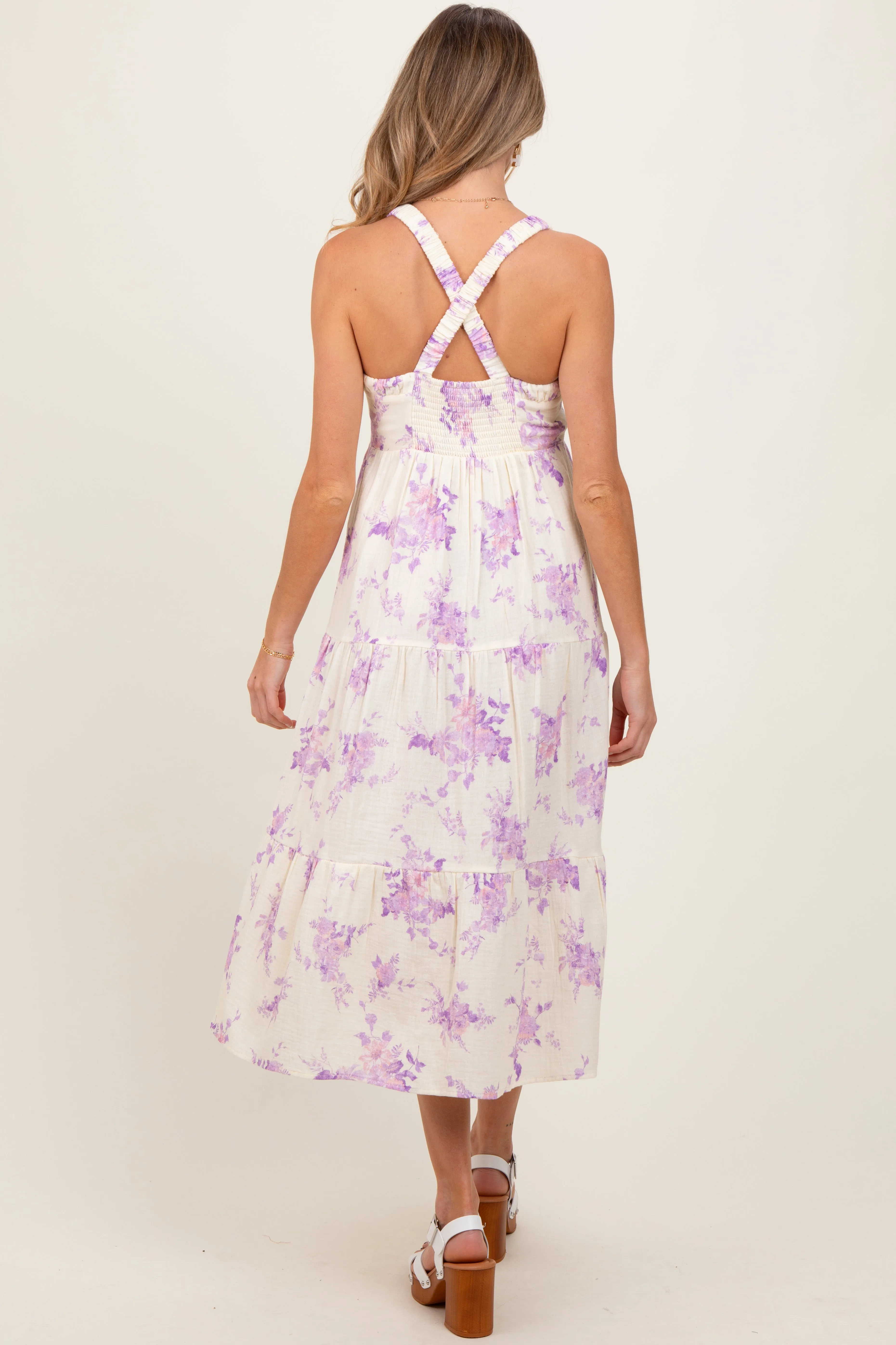 Cream Floral Tiered Crisscross Back Maternity Midi Dress sold by Pinkblush product image thumbnail 4
