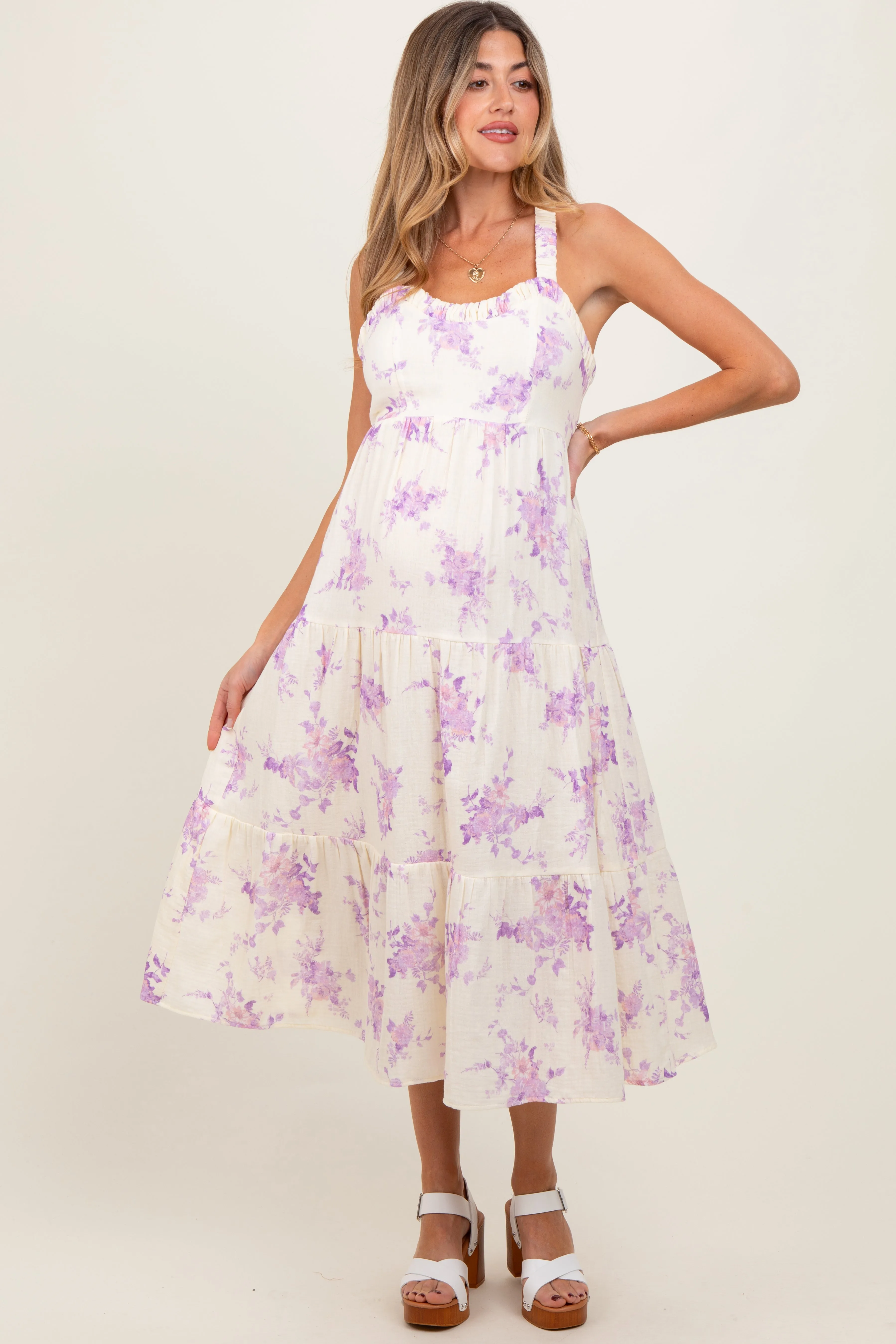 Cream Floral Tiered Crisscross Back Maternity Midi Dress sold by Pinkblush