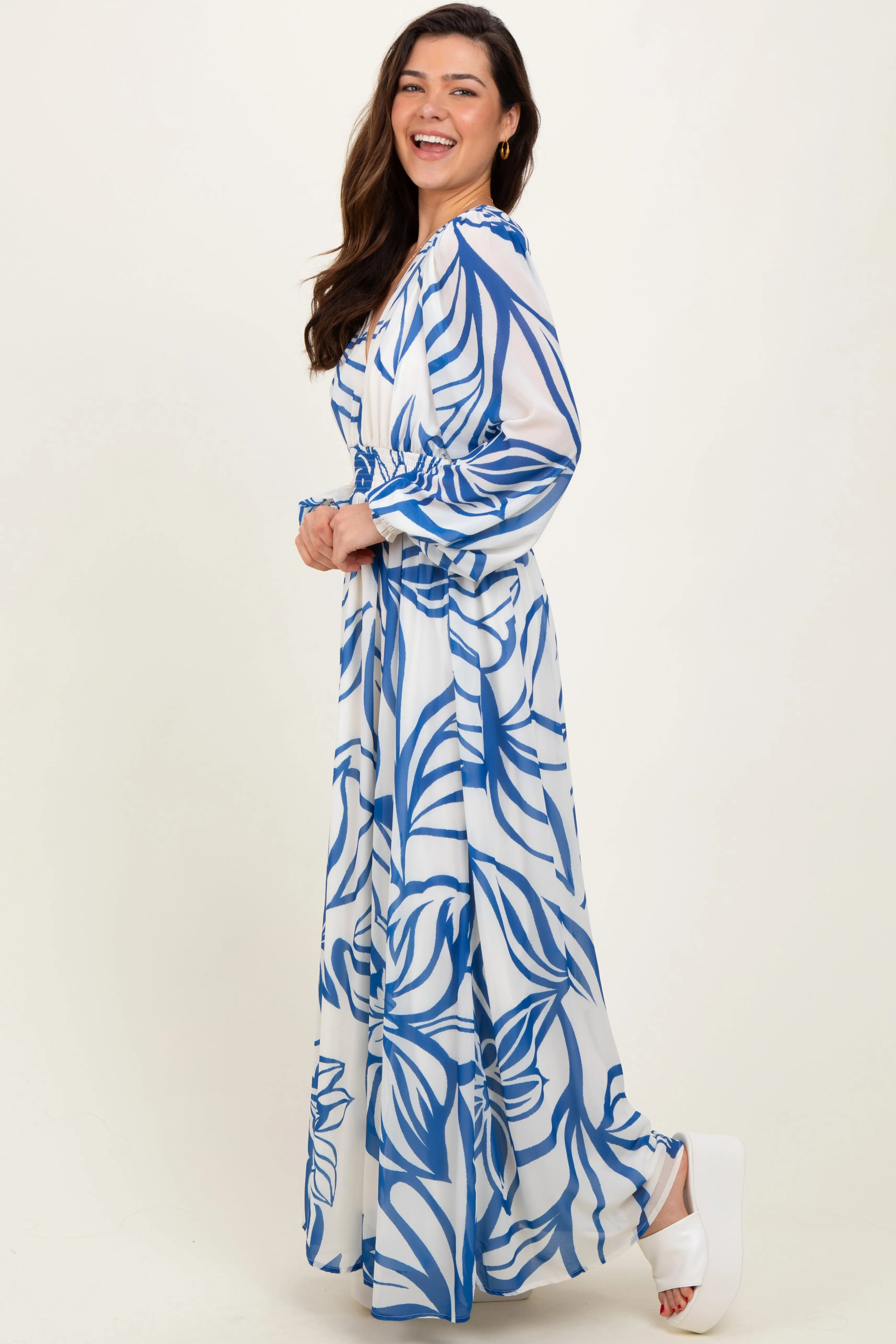 Blue Floral Smocked Waist Long Sleeve Maxi Dress sold by Pinkblush product image thumbnail 2