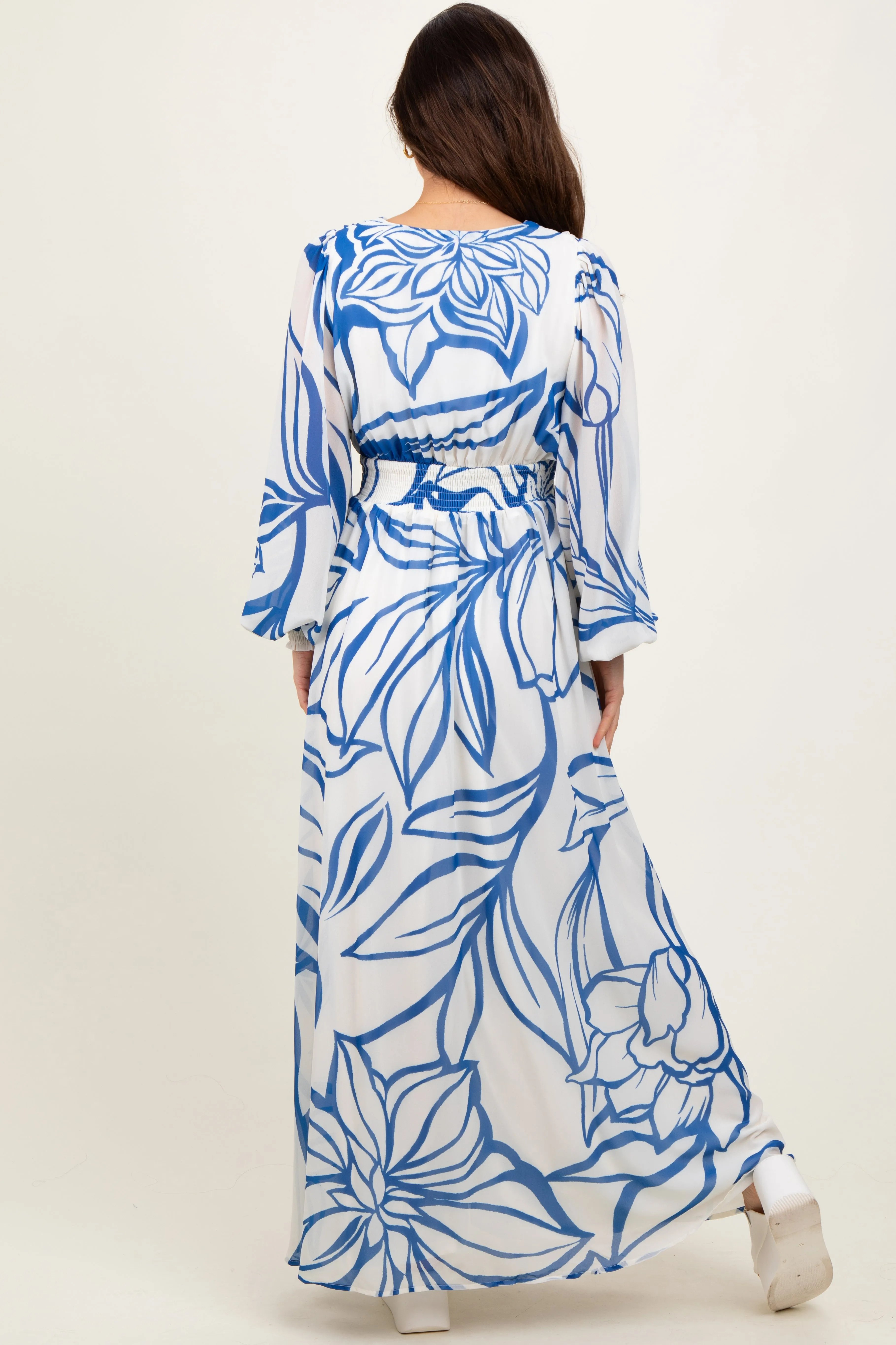Blue Floral Smocked Waist Long Sleeve Maxi Dress sold by Pinkblush product image thumbnail 3
