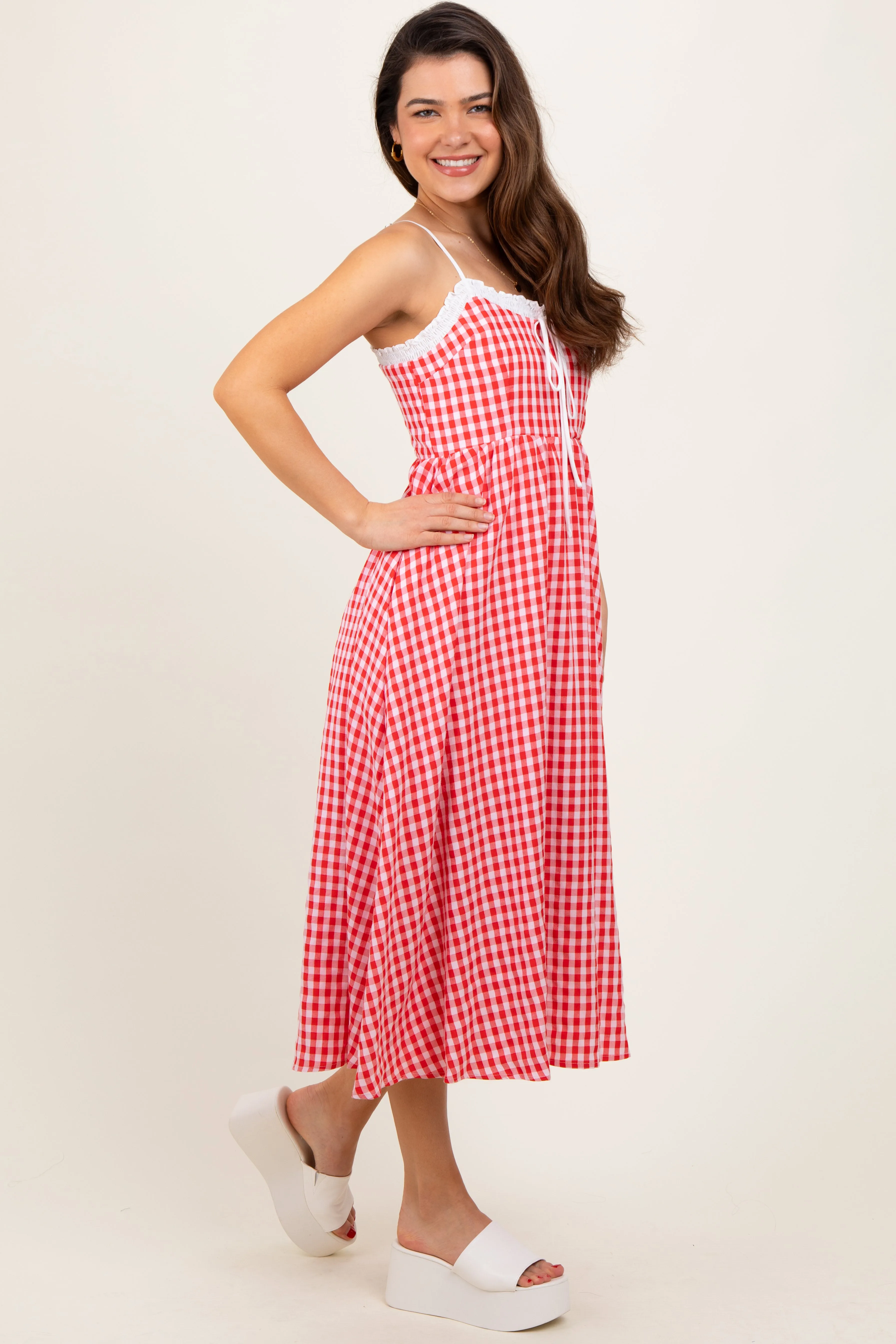 Red Gingham Smocked Trim Midi Dress sold by Pinkblush product image thumbnail 2