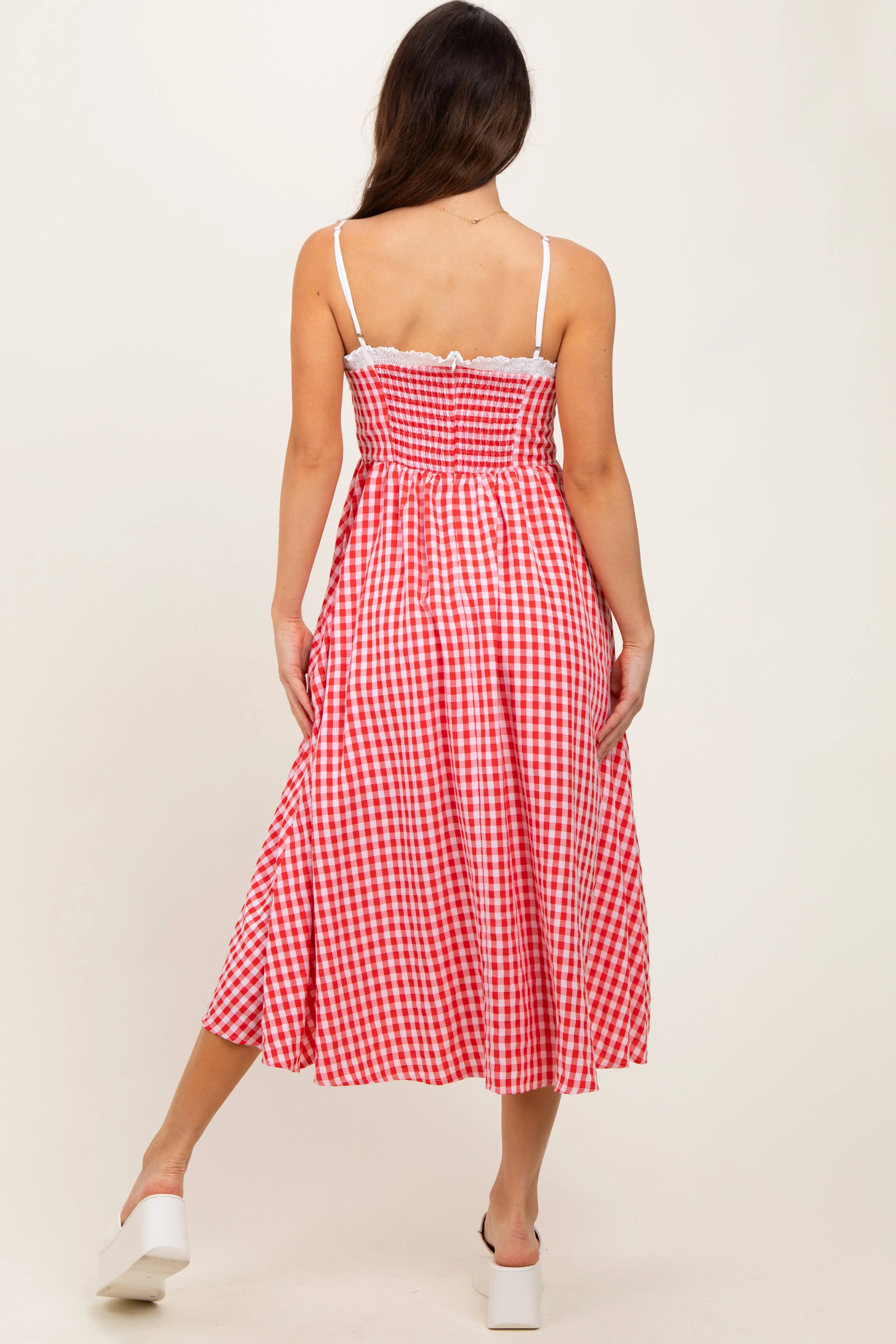 Red Gingham Smocked Trim Midi Dress sold by Pinkblush product image thumbnail 3