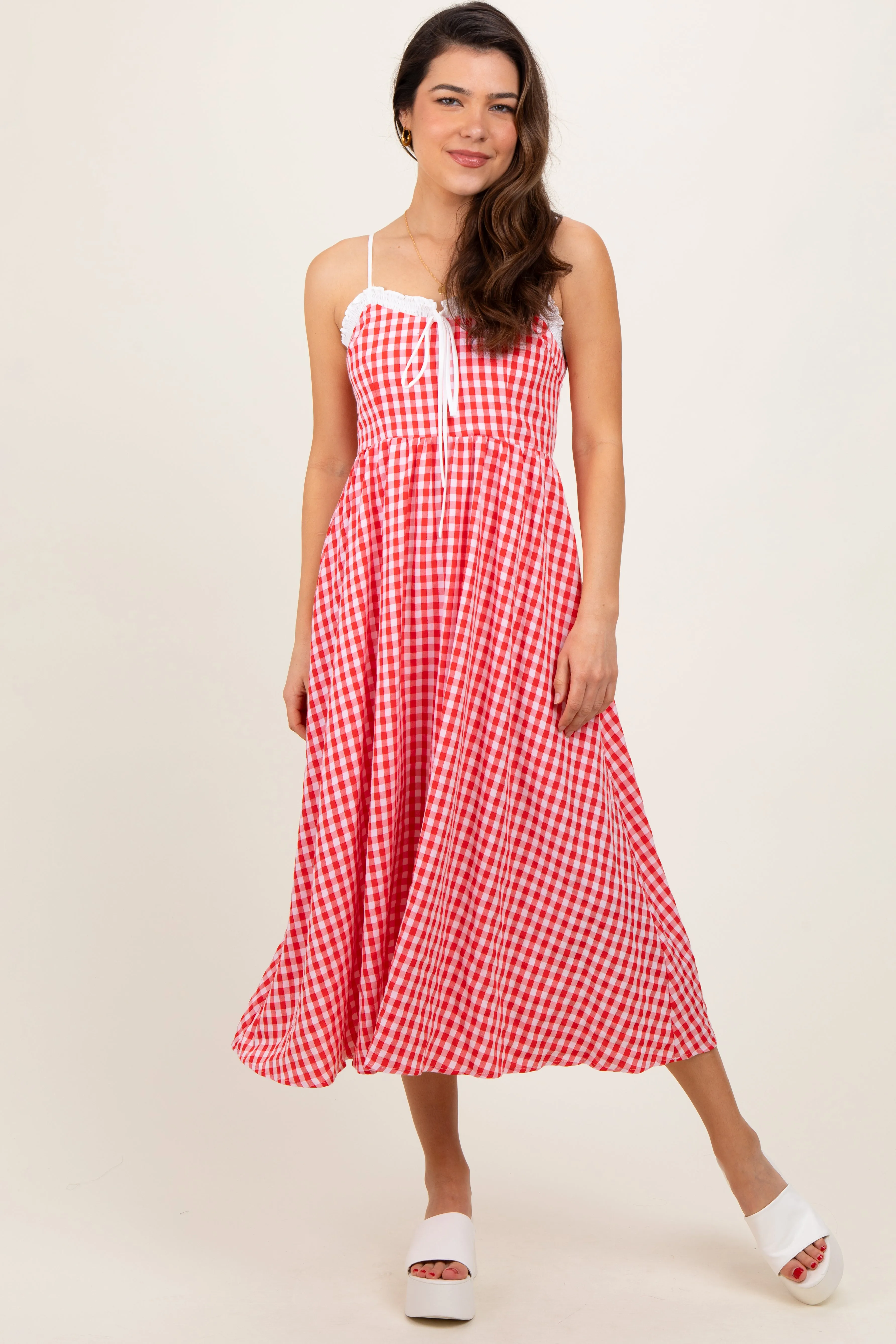 Red Gingham Smocked Trim Midi Dress sold by Pinkblush