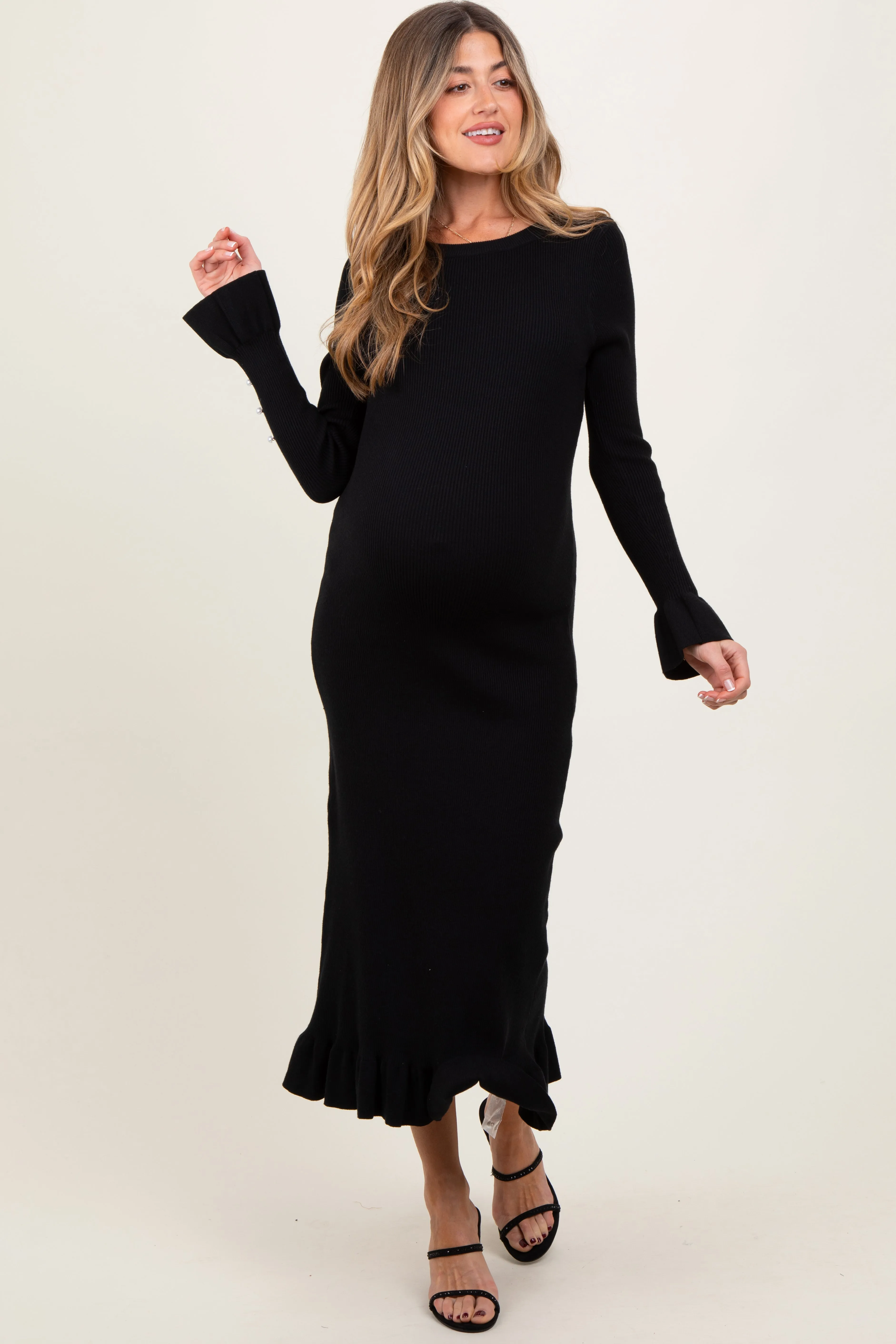 Black Ribbed Knit Bow Back Maternity Maxi Dress sold by Pinkblush product image thumbnail 3