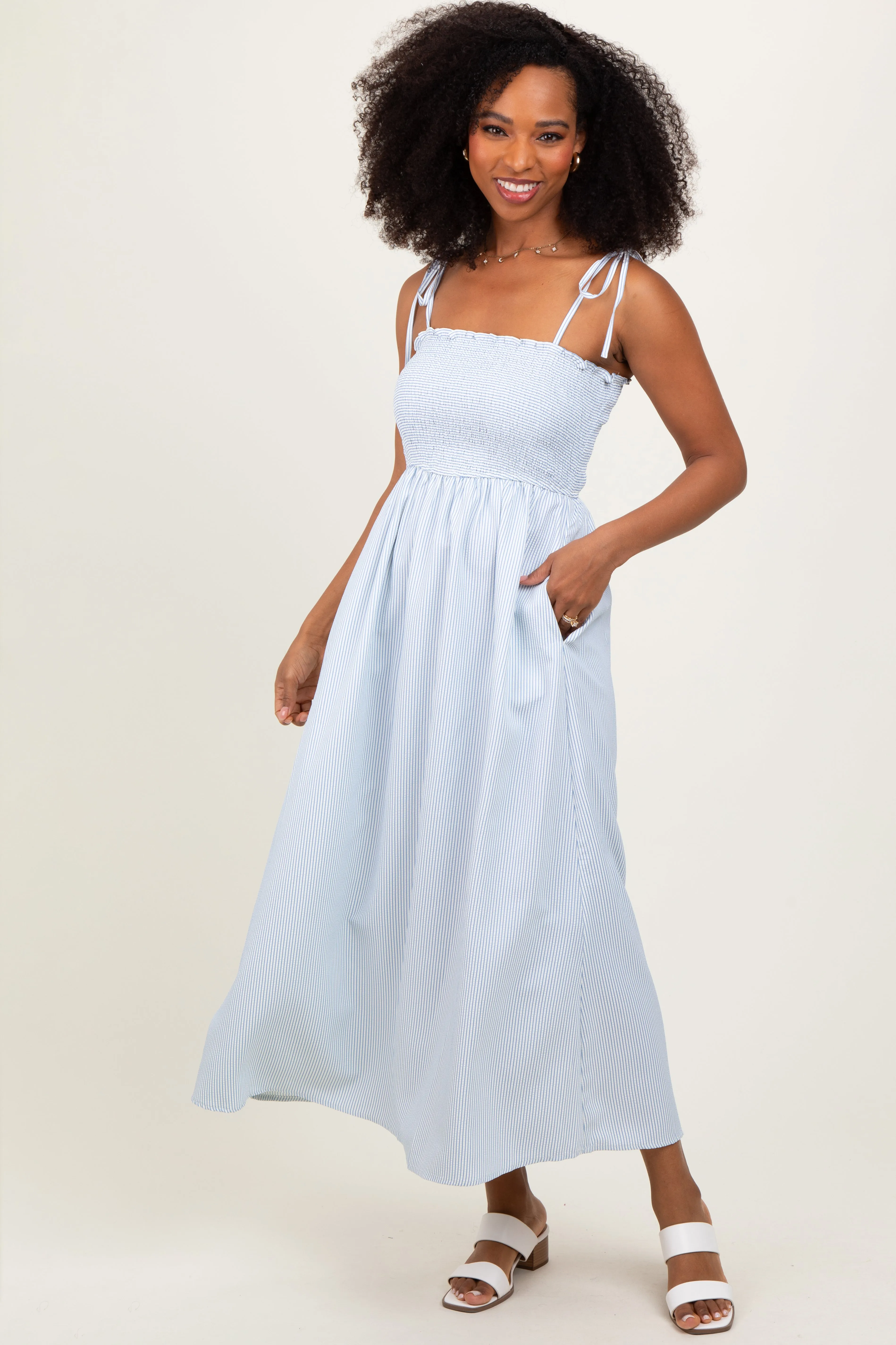 Blue Striped Shoulder Tie Smocked Maternity Maxi Dress sold by Pinkblush product image thumbnail 4