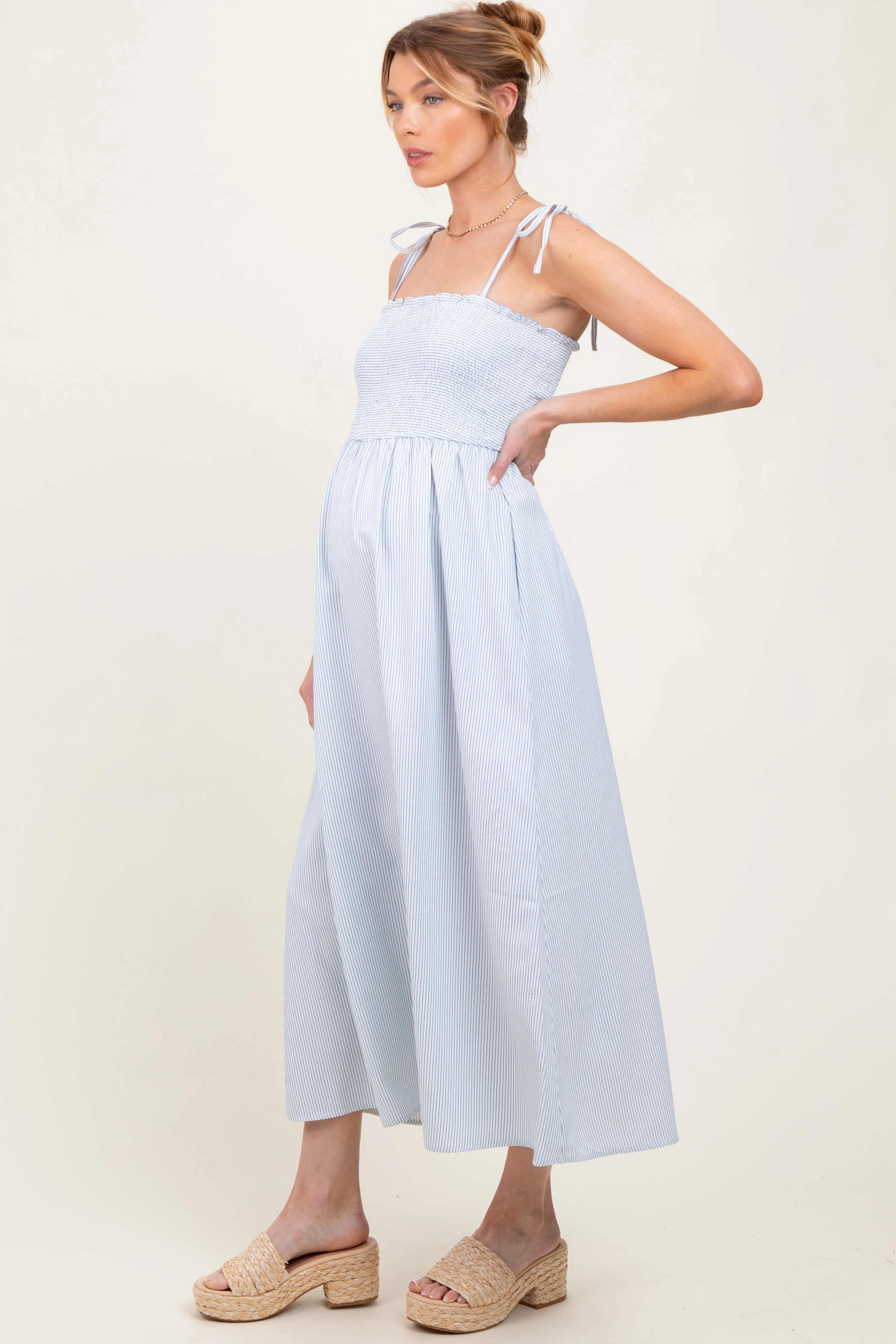 Blue Striped Shoulder Tie Smocked Maternity Maxi Dress sold by Pinkblush product image thumbnail 2