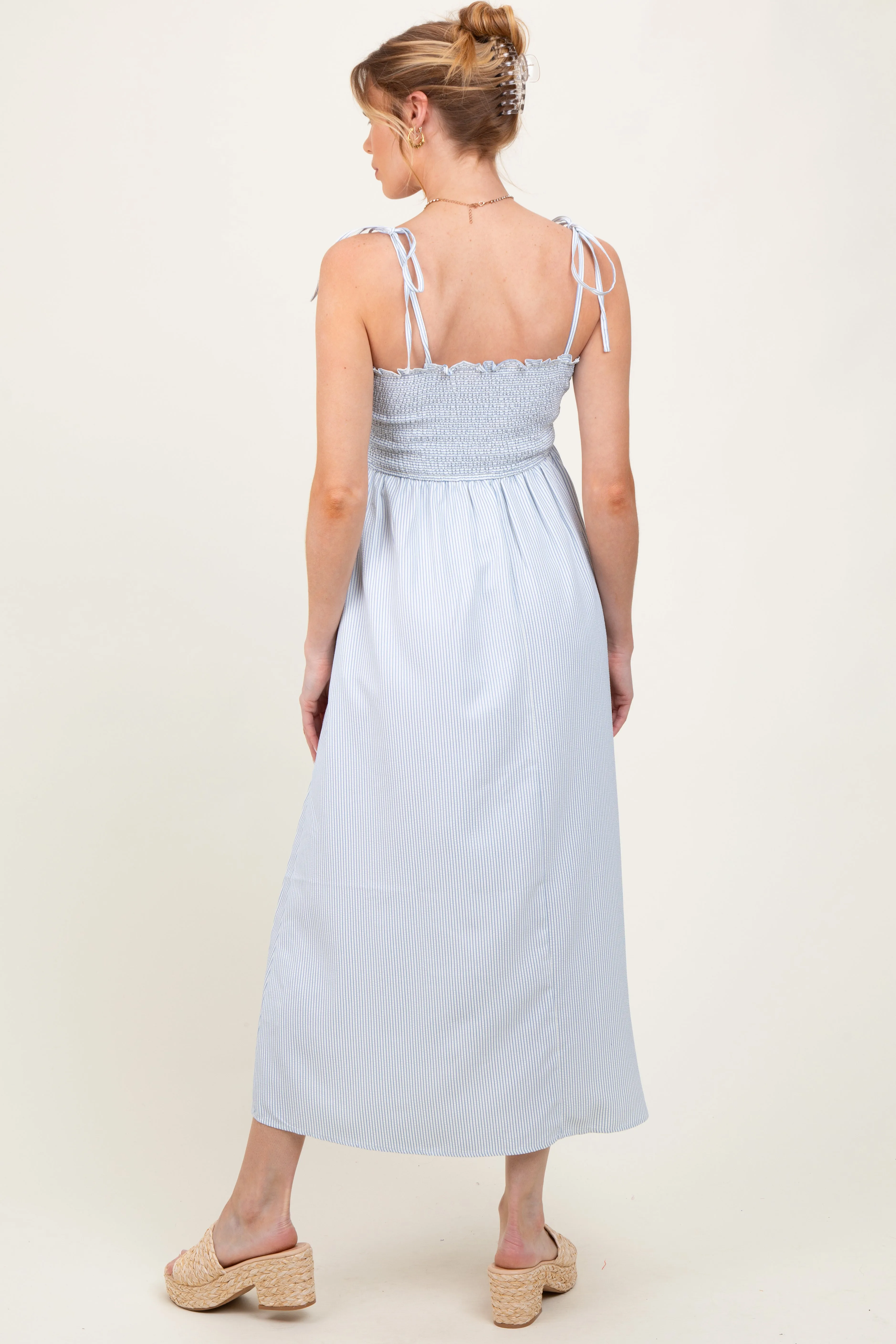 Blue Striped Shoulder Tie Smocked Maternity Maxi Dress sold by Pinkblush product image thumbnail 3