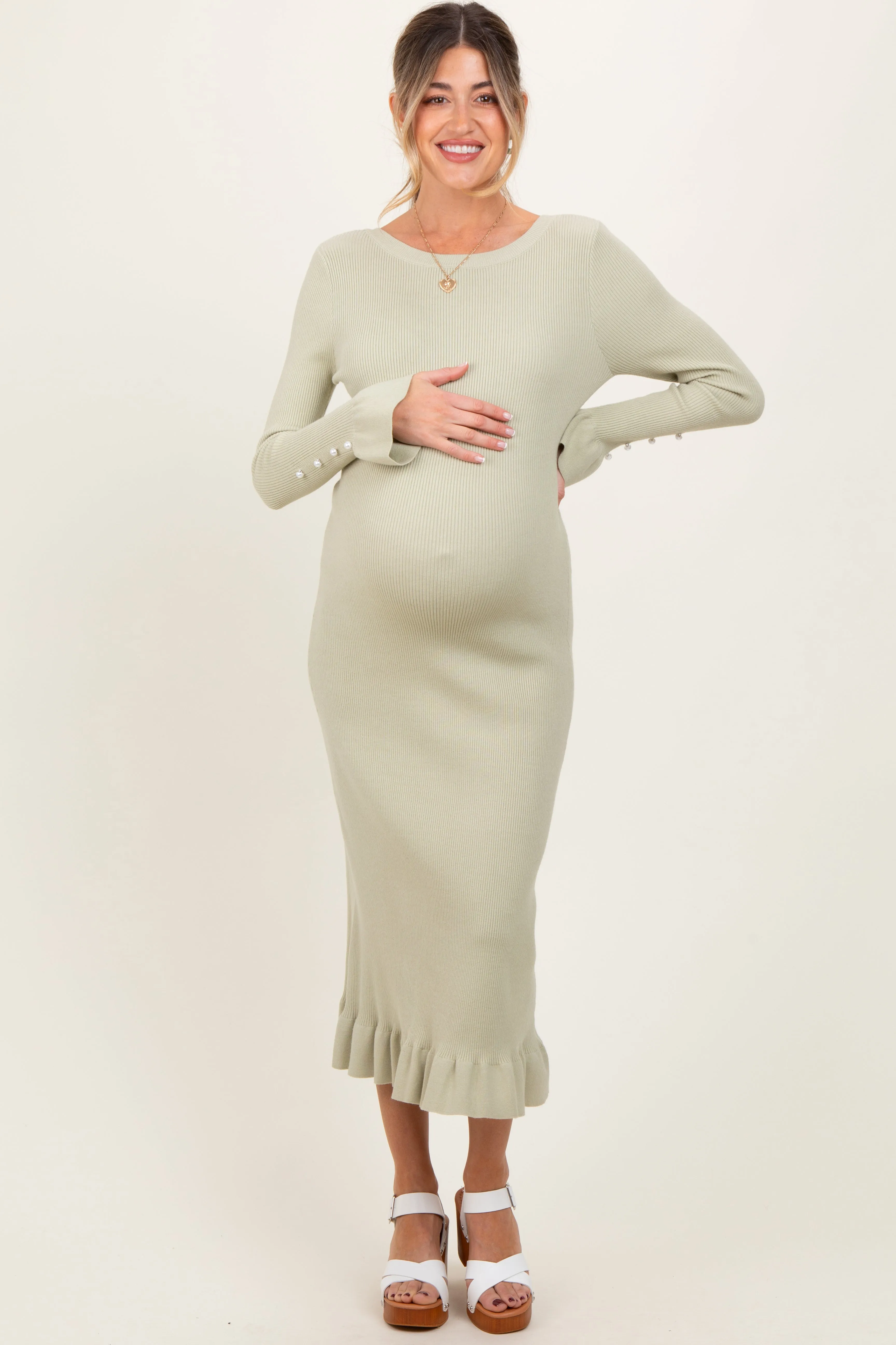 Light Olive Ribbed Knit Bow Back Maternity Maxi Dress sold by Pinkblush