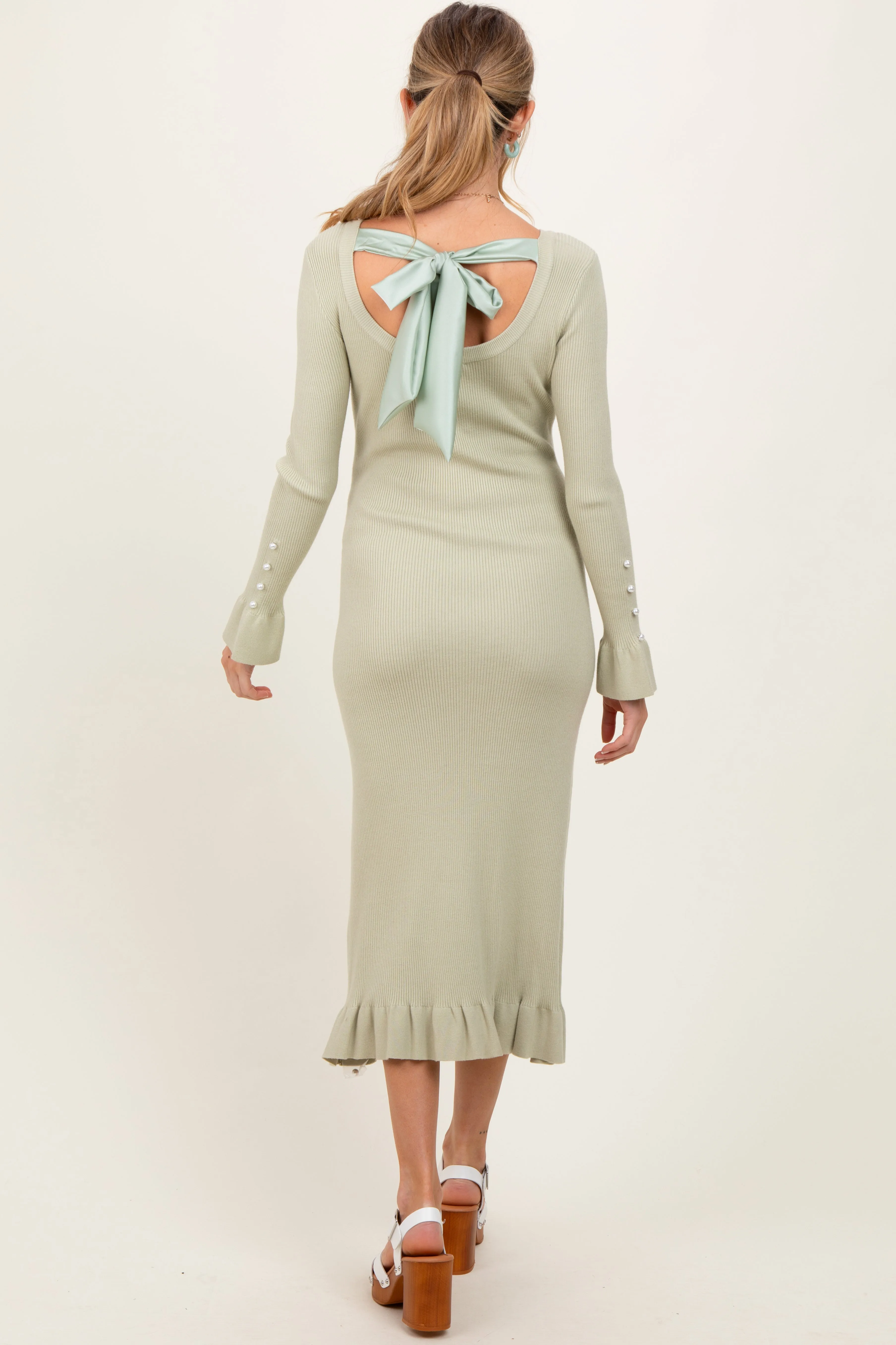 Light Olive Ribbed Knit Bow Back Maternity Maxi Dress sold by Pinkblush product image thumbnail 2