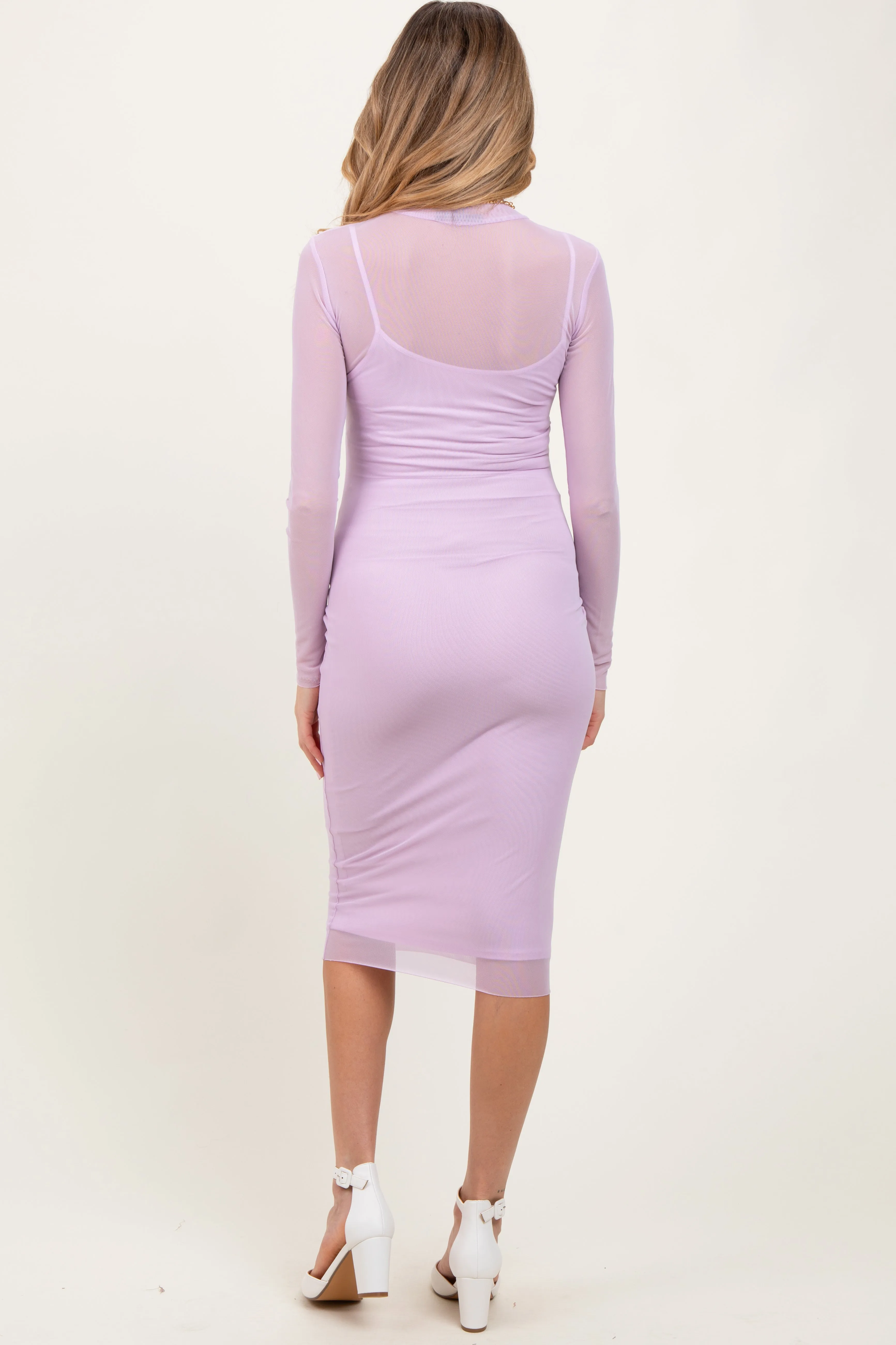 Lavender Mesh Overlay Fitted Maternity Midi Dress sold by Pinkblush product image thumbnail 3