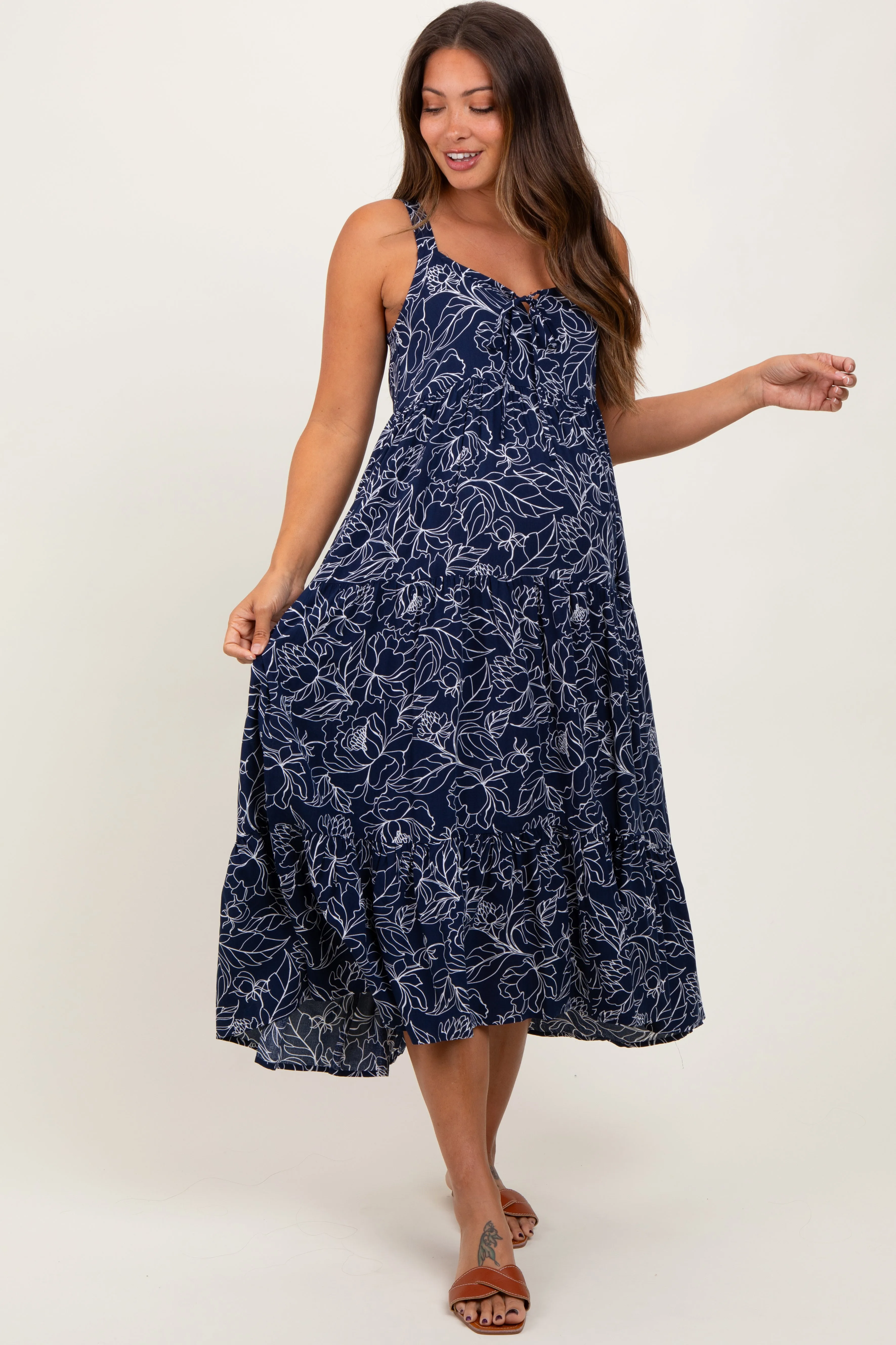 Navy Floral Outline Print Sleeveless Maternity Midi Dress sold by Pinkblush