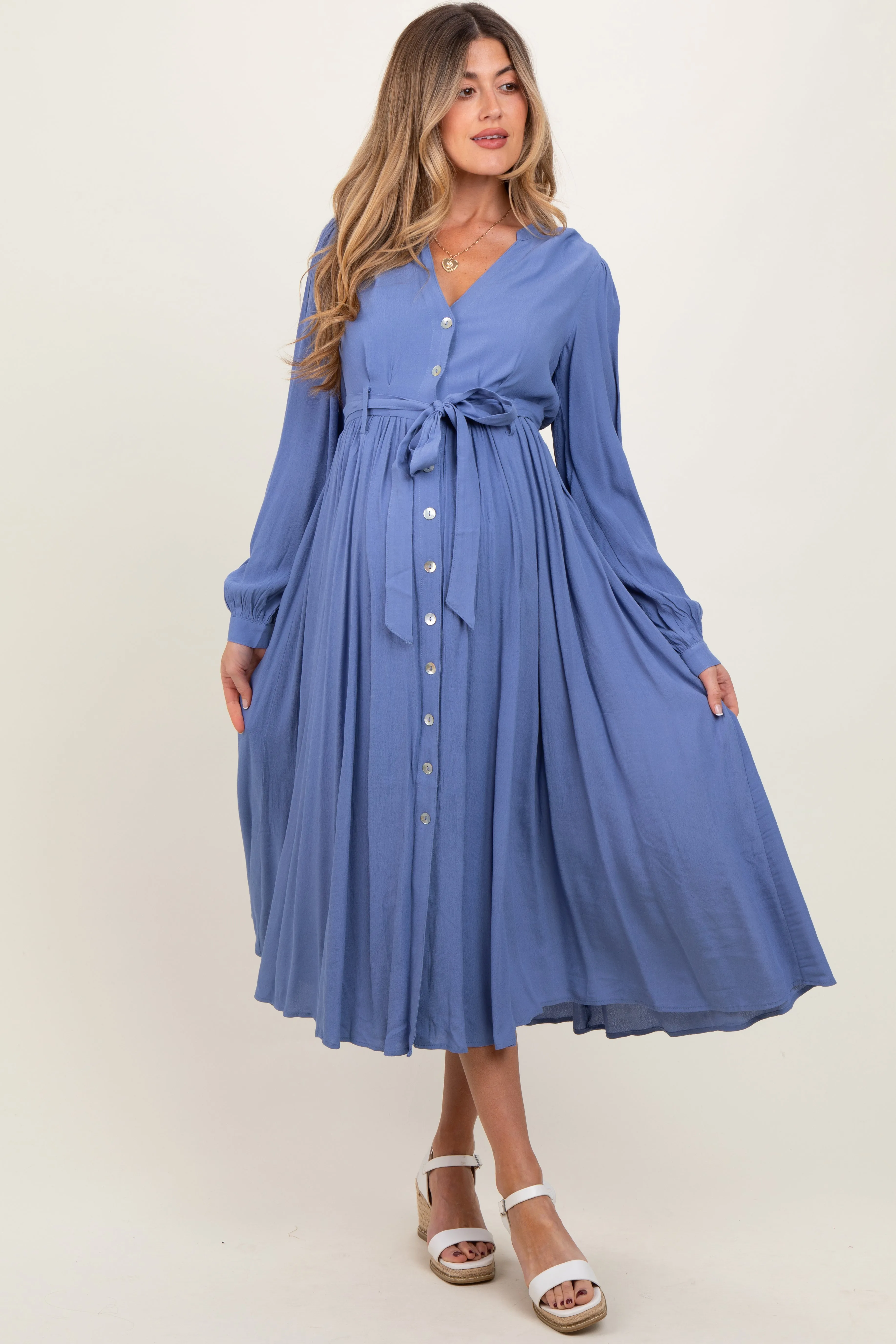Blue Belted Long Sleeve Maternity Maxi Dress sold by Pinkblush