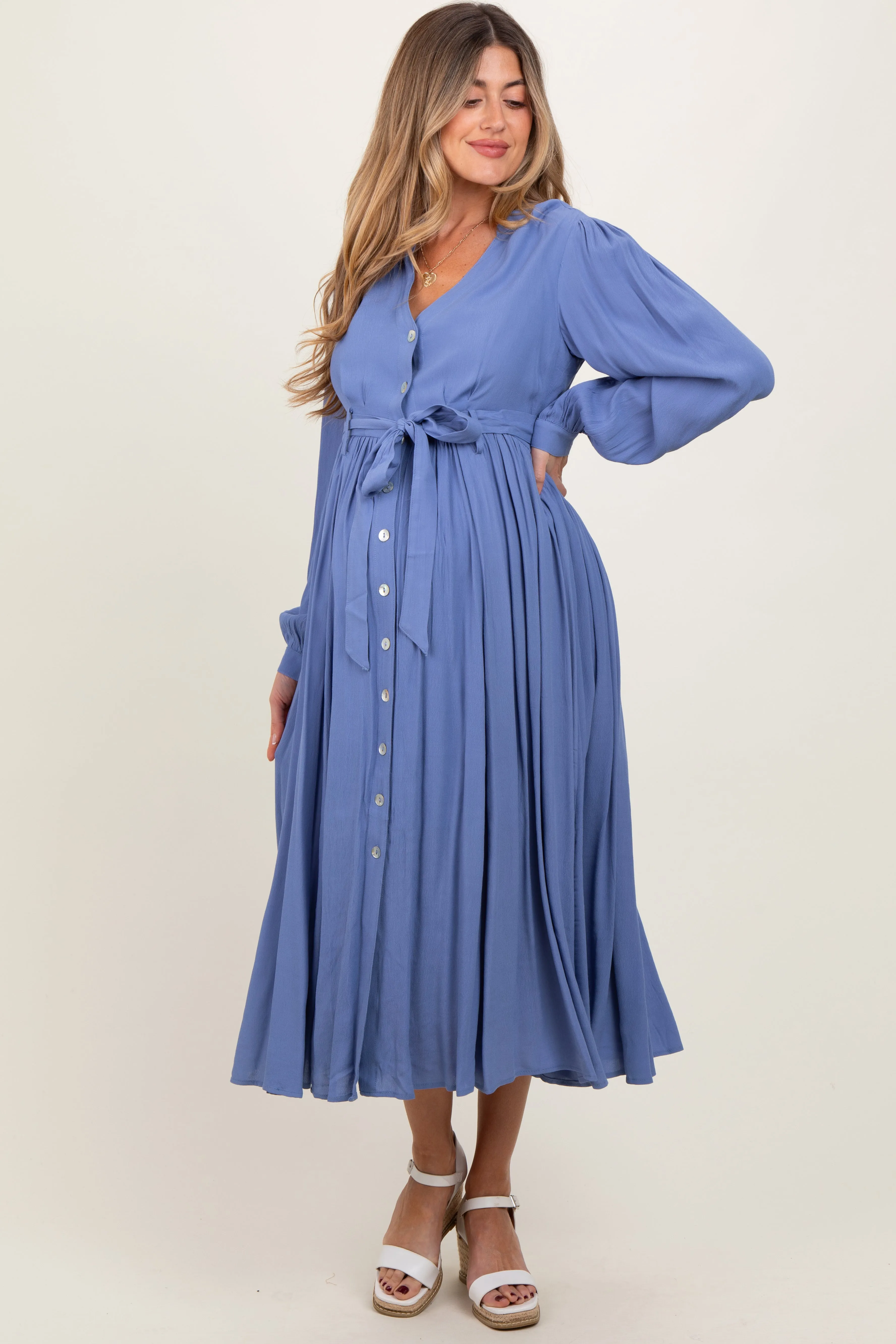 Blue Belted Long Sleeve Maternity Maxi Dress sold by Pinkblush product image thumbnail 2