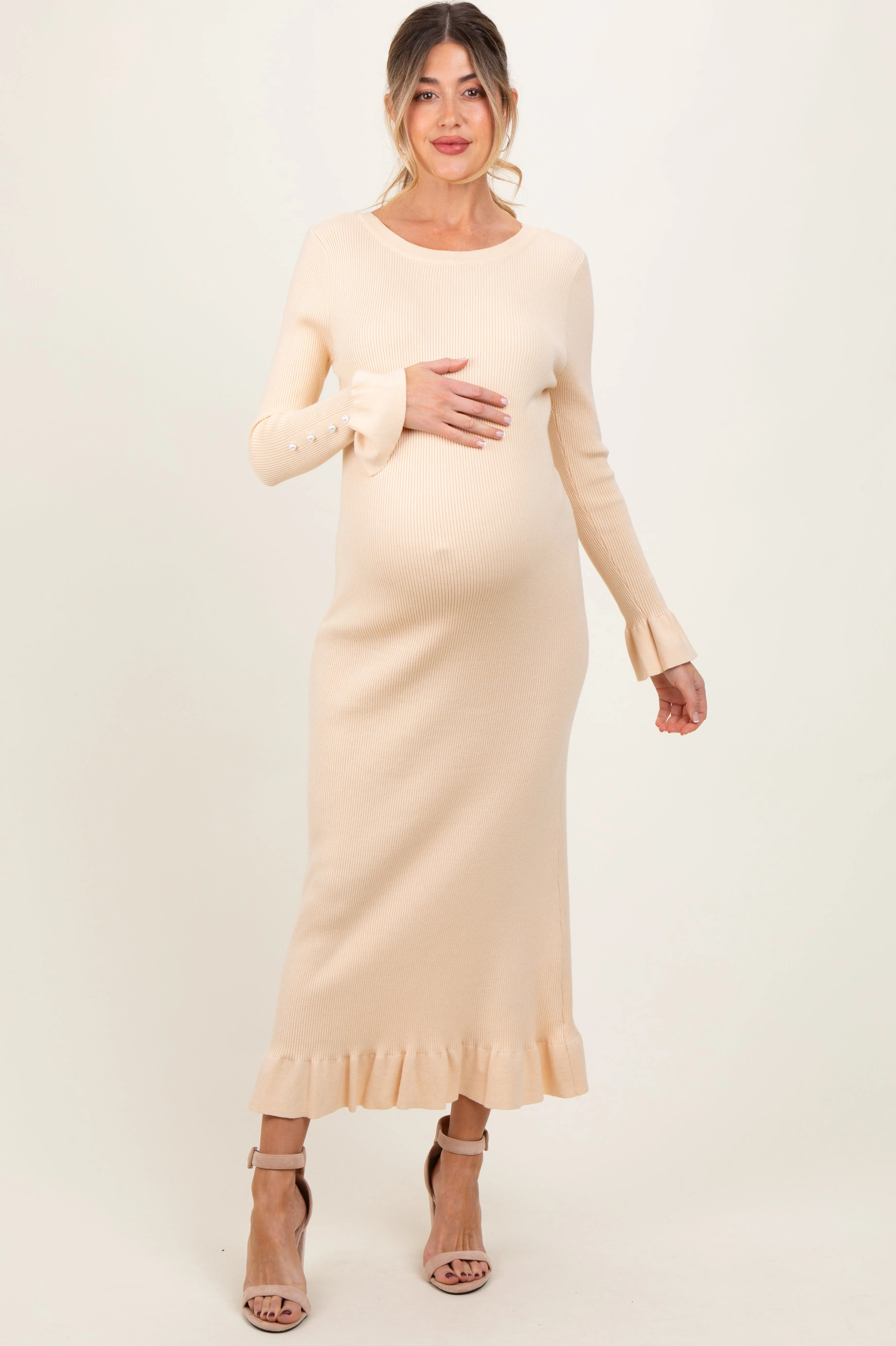 Light Yellow Ribbed Knit Bow Back Maternity Maxi Dress sold by Pinkblush