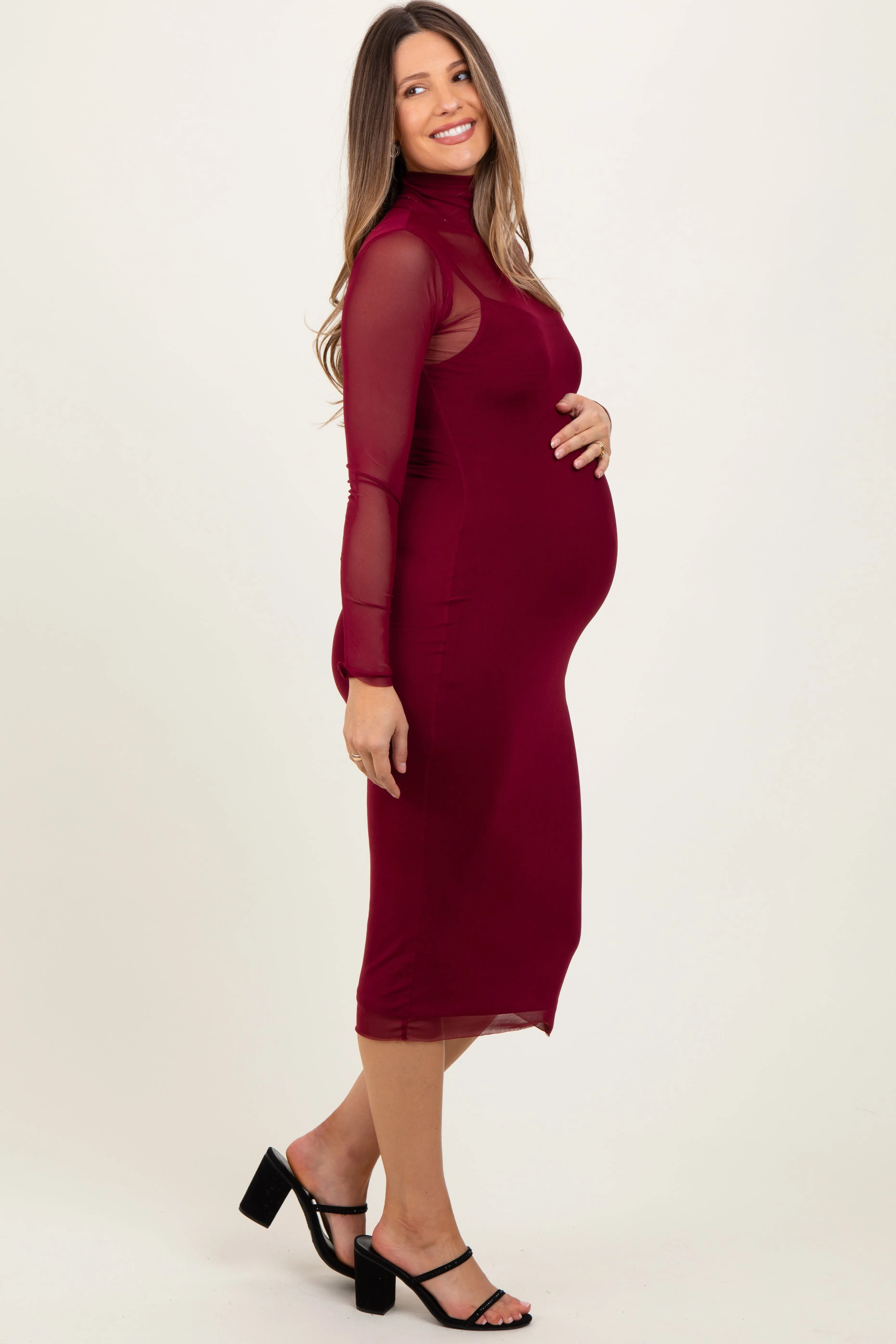Burgundy Mesh Overlay Fitted Maternity Midi Dress sold by Pinkblush product image thumbnail 3