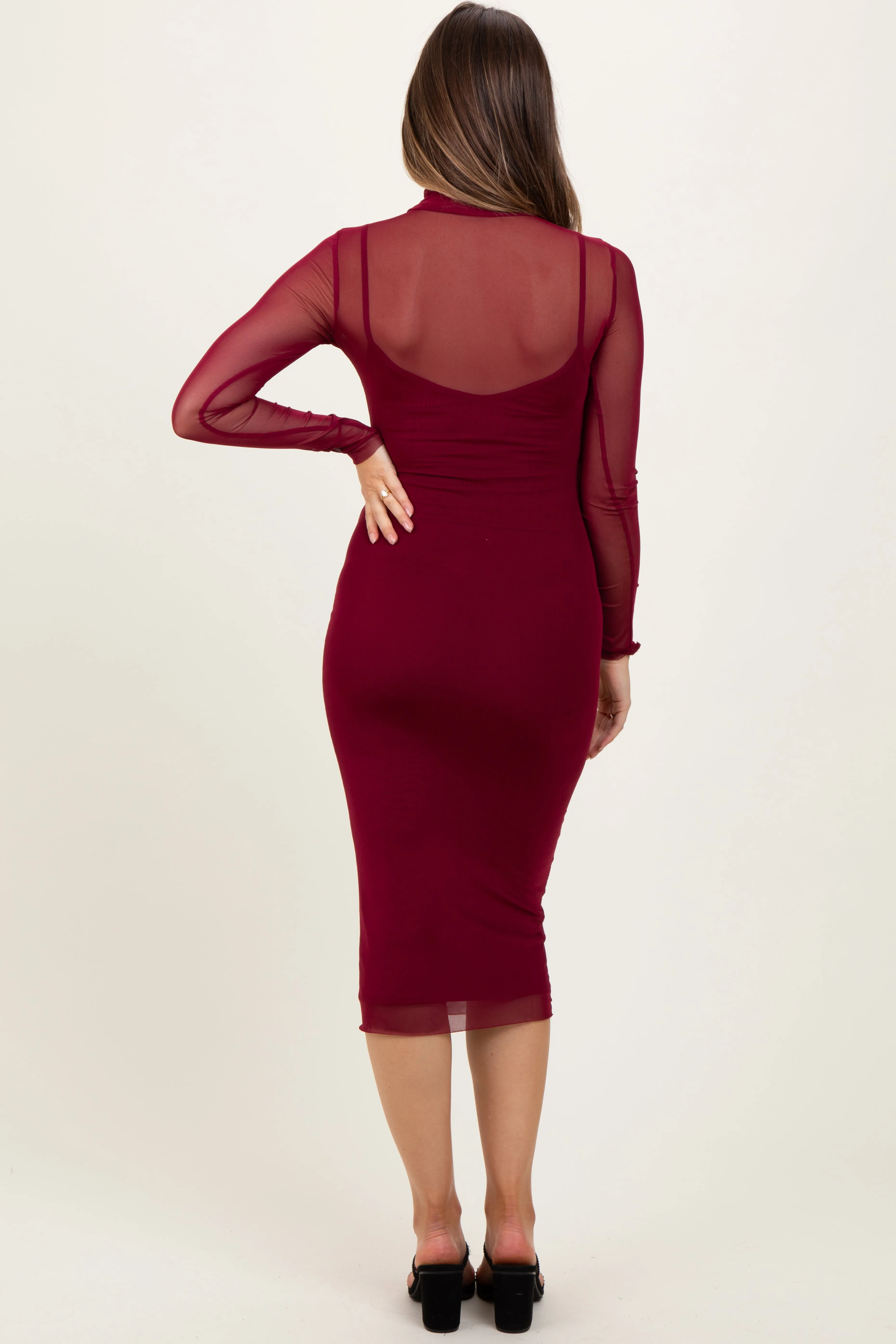 Burgundy Mesh Overlay Fitted Maternity Midi Dress sold by Pinkblush product image thumbnail 4
