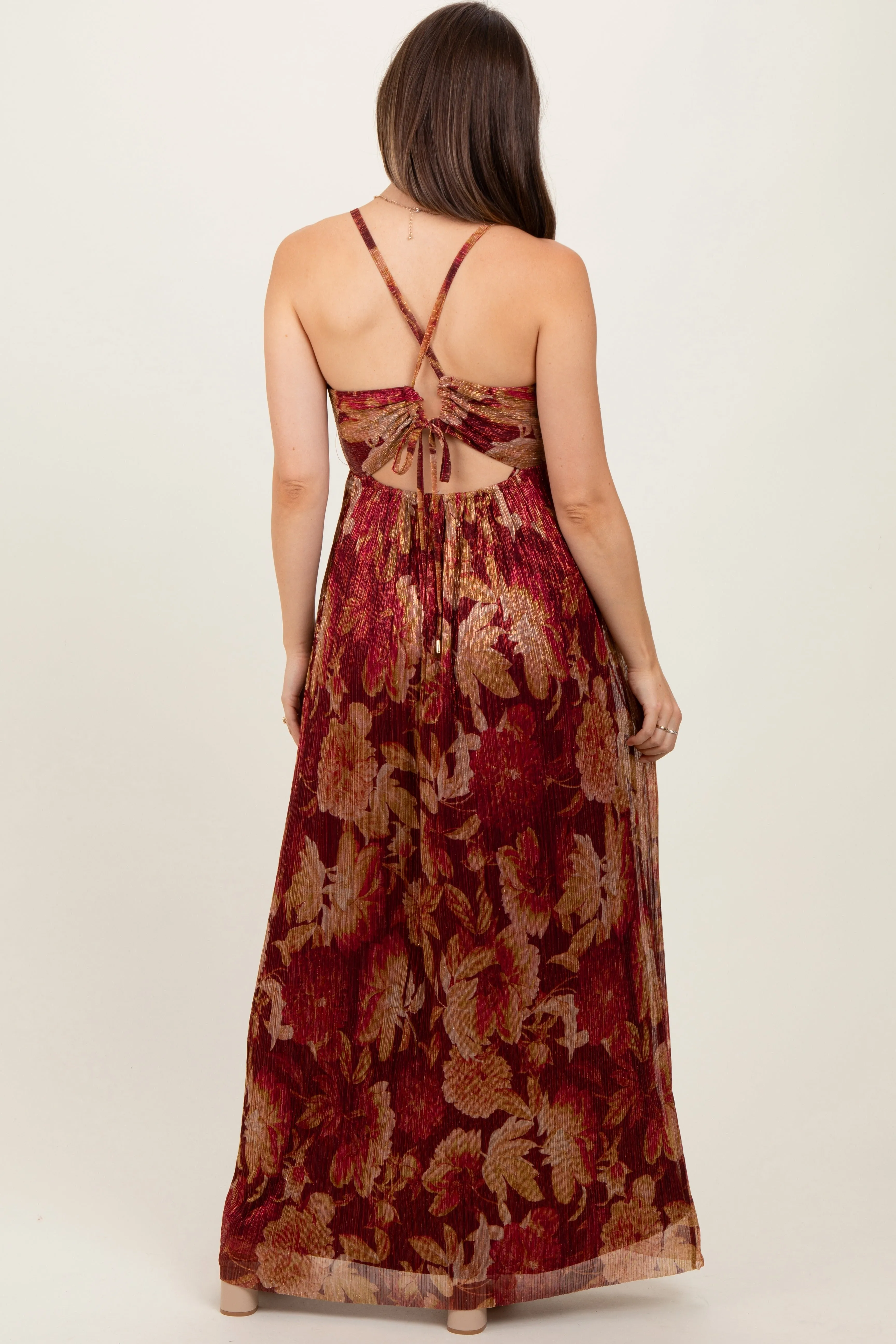 Burgundy Floral Deep V-Neck Back Cutout Maternity Maxi Dress sold by Pinkblush product image thumbnail 4