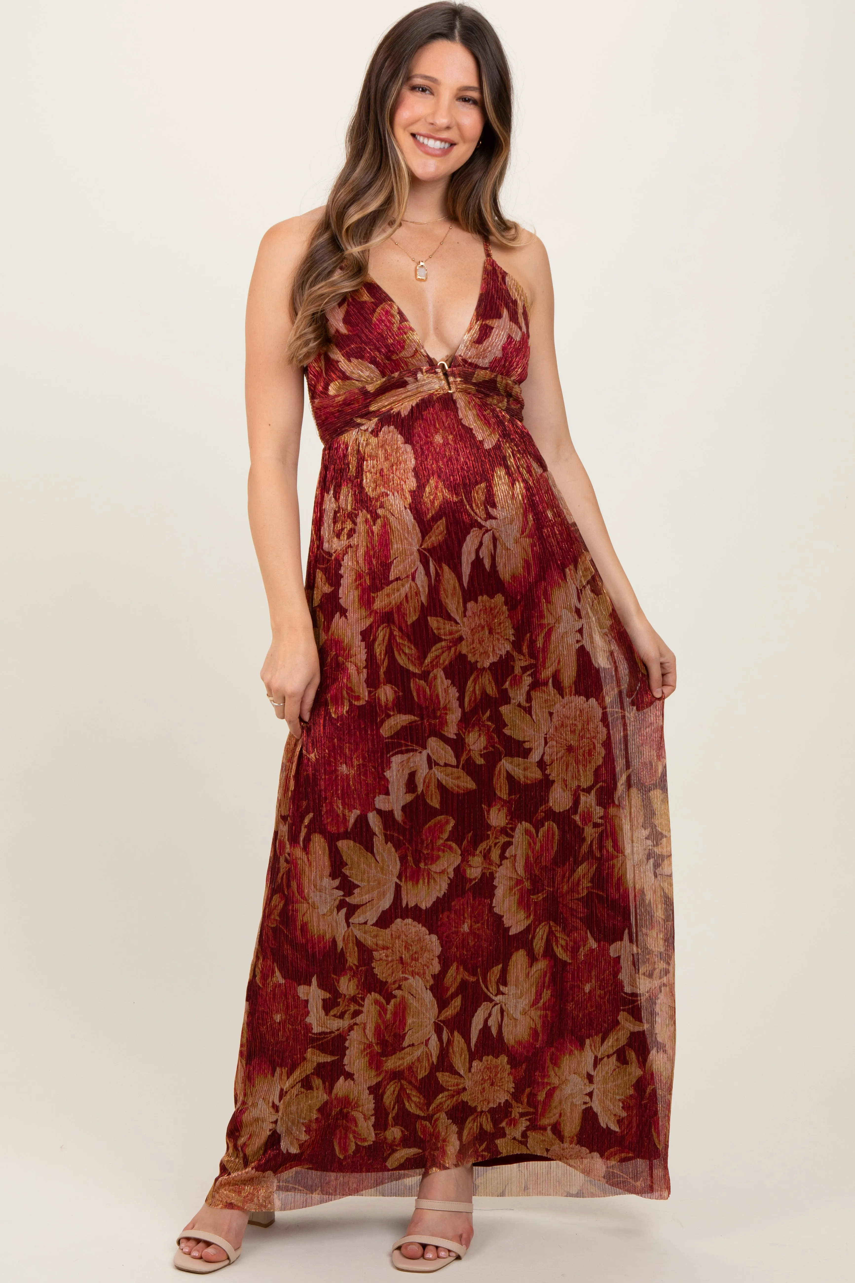 Burgundy Floral Deep V-Neck Back Cutout Maternity Maxi Dress sold by Pinkblush