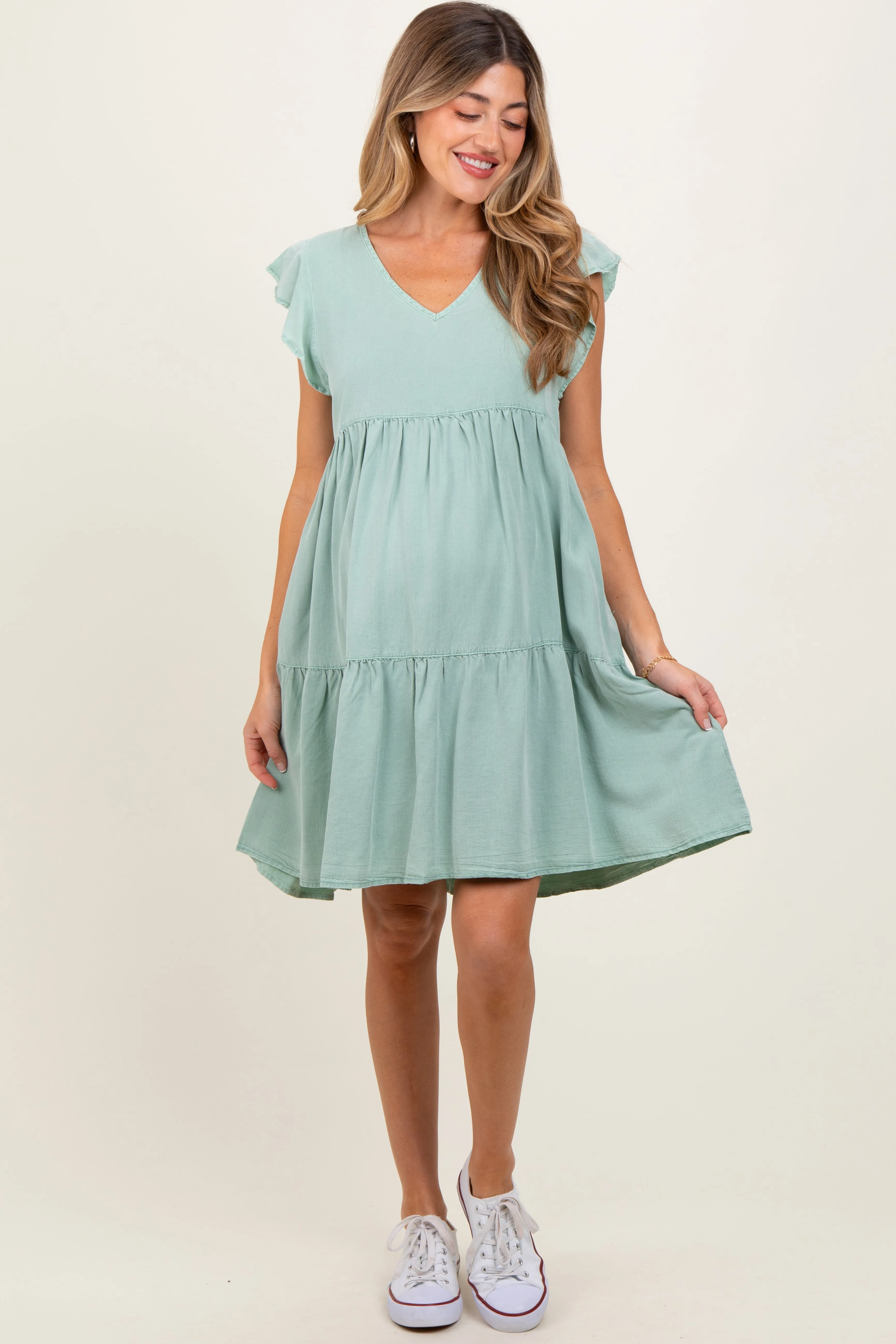 Light Olive Flutter Sleeve Tiered Maternity Dress sold by Pinkblush