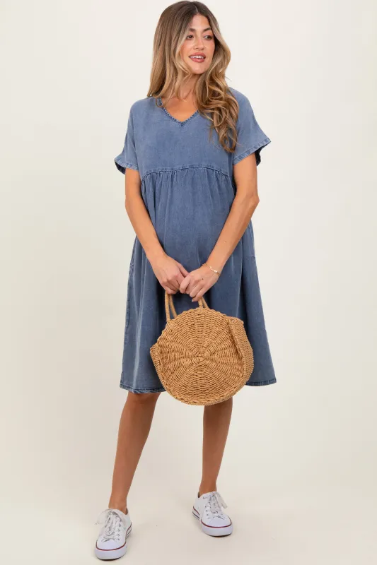 Blue Denim V-Neck Short Sleeve Maternity Dress sold by Pinkblush