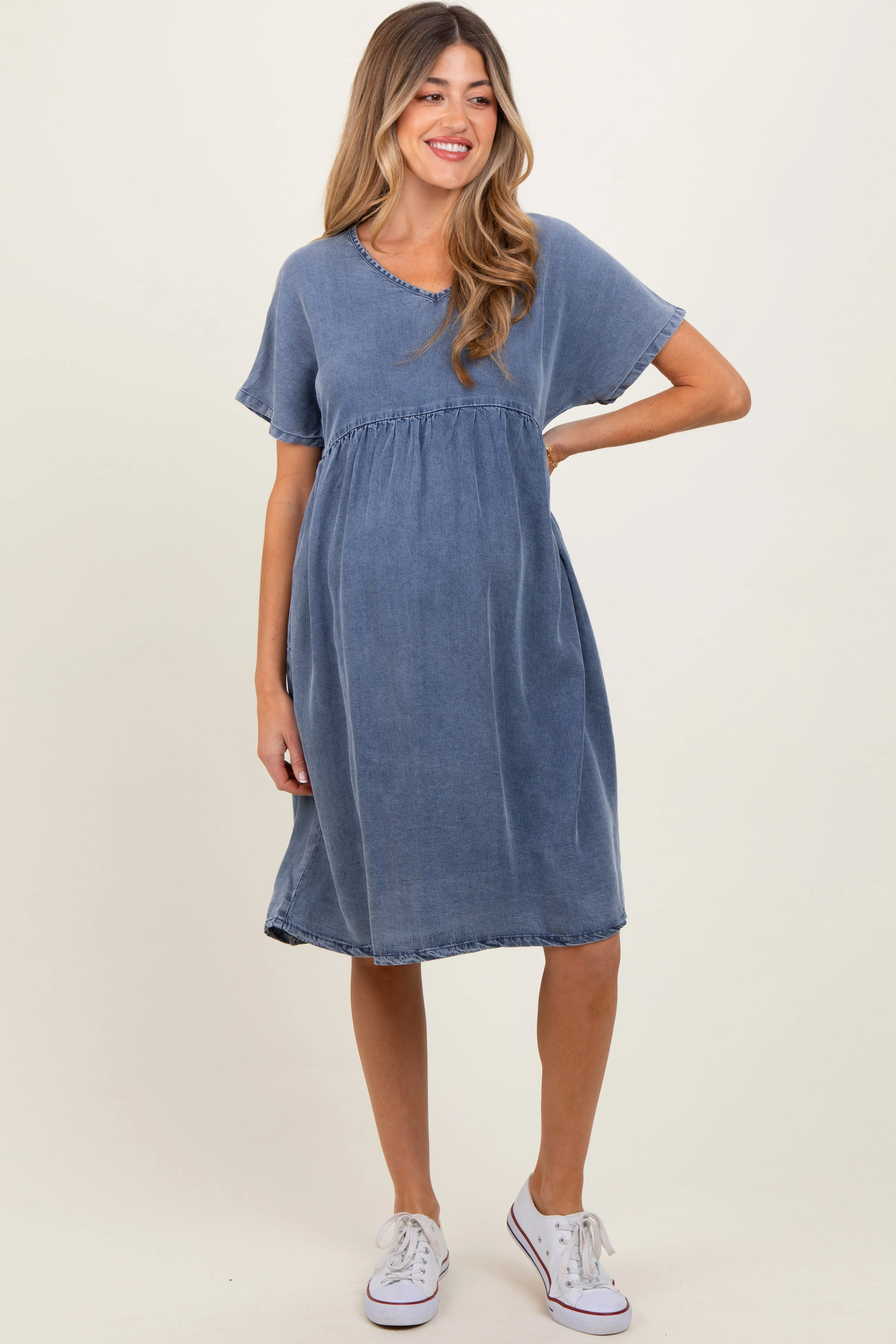 Blue Denim V-Neck Short Sleeve Maternity Dress sold by Pinkblush product image thumbnail 2
