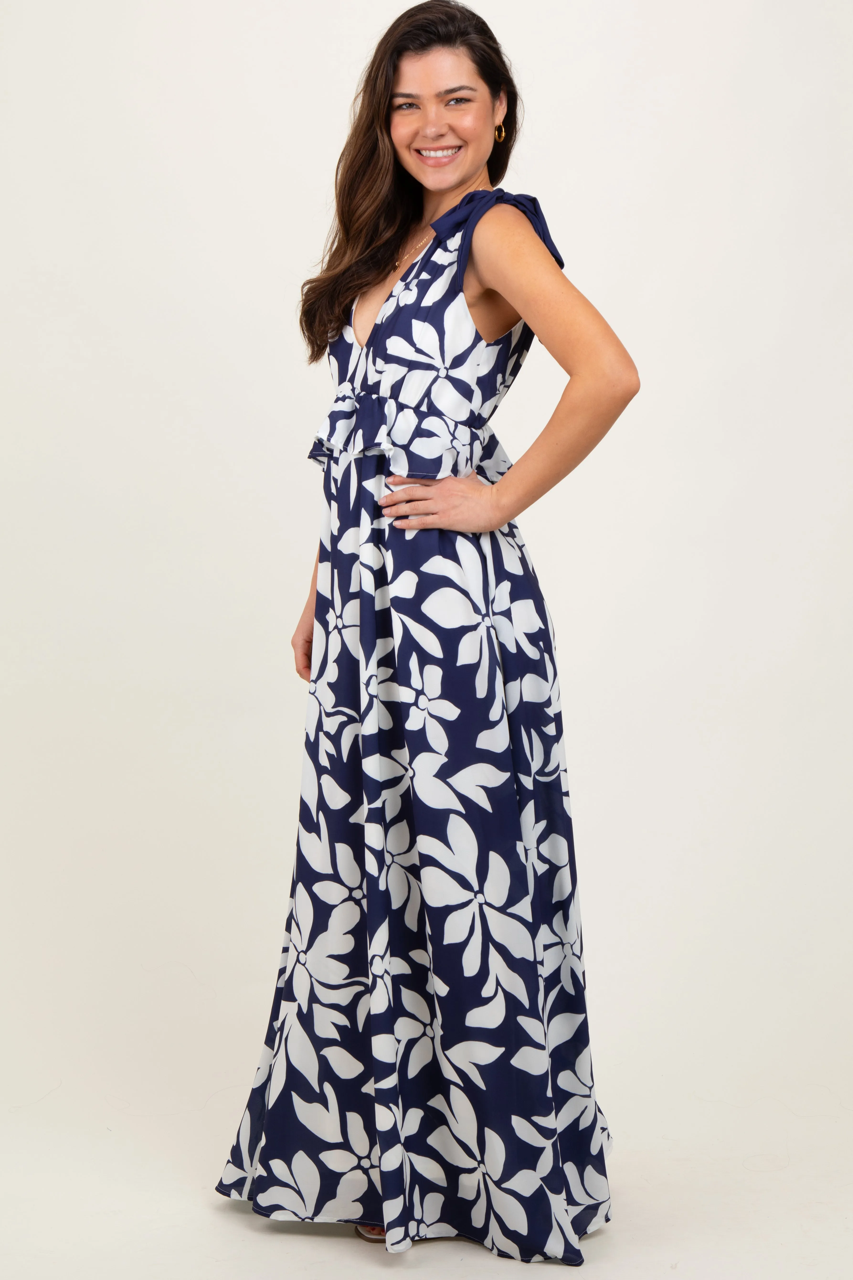 Navy Floral Deep V-Neck Shoulder Tie Maxi Dress sold by Pinkblush product image thumbnail 3