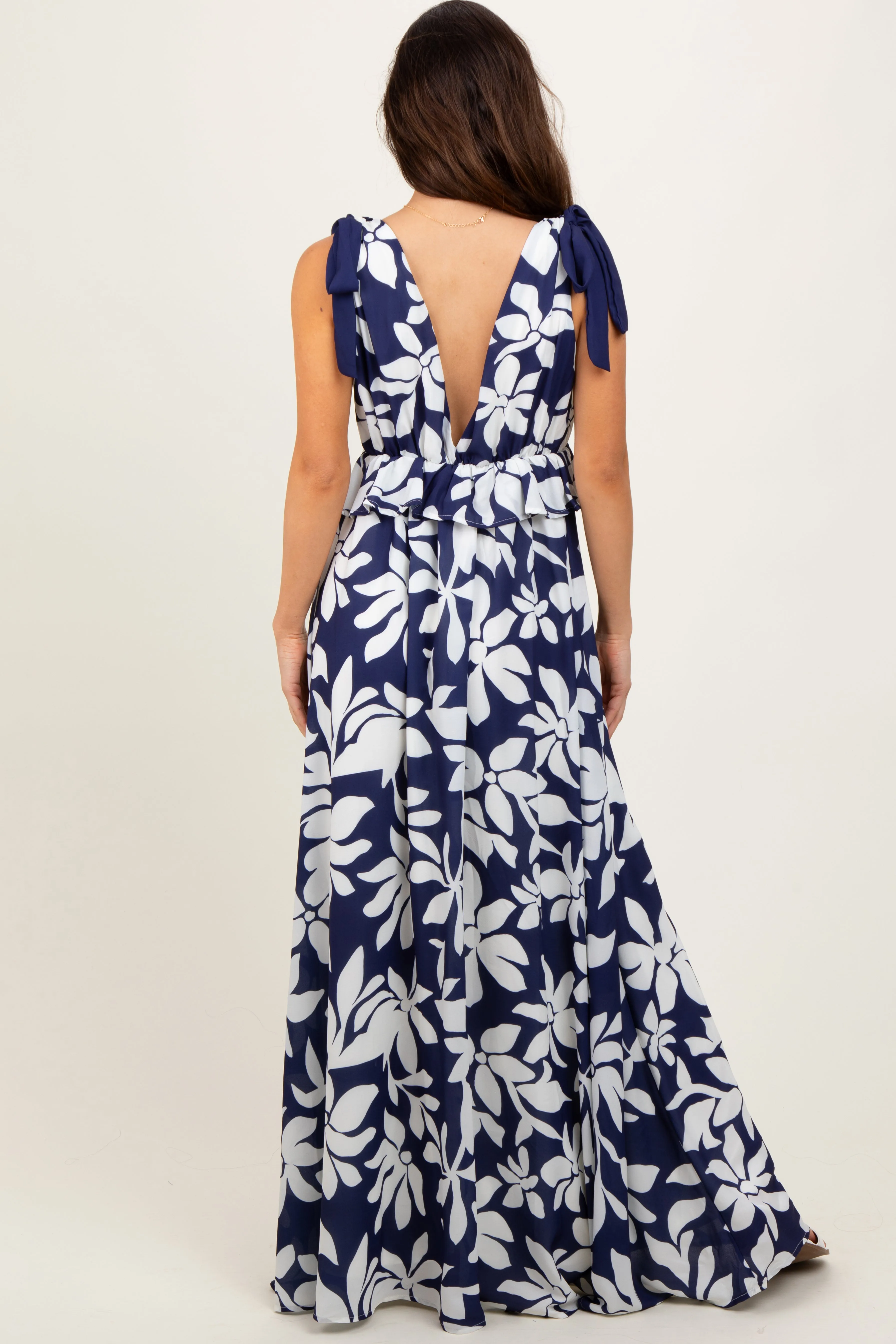 Navy Floral Deep V-Neck Shoulder Tie Maxi Dress sold by Pinkblush product image thumbnail 4