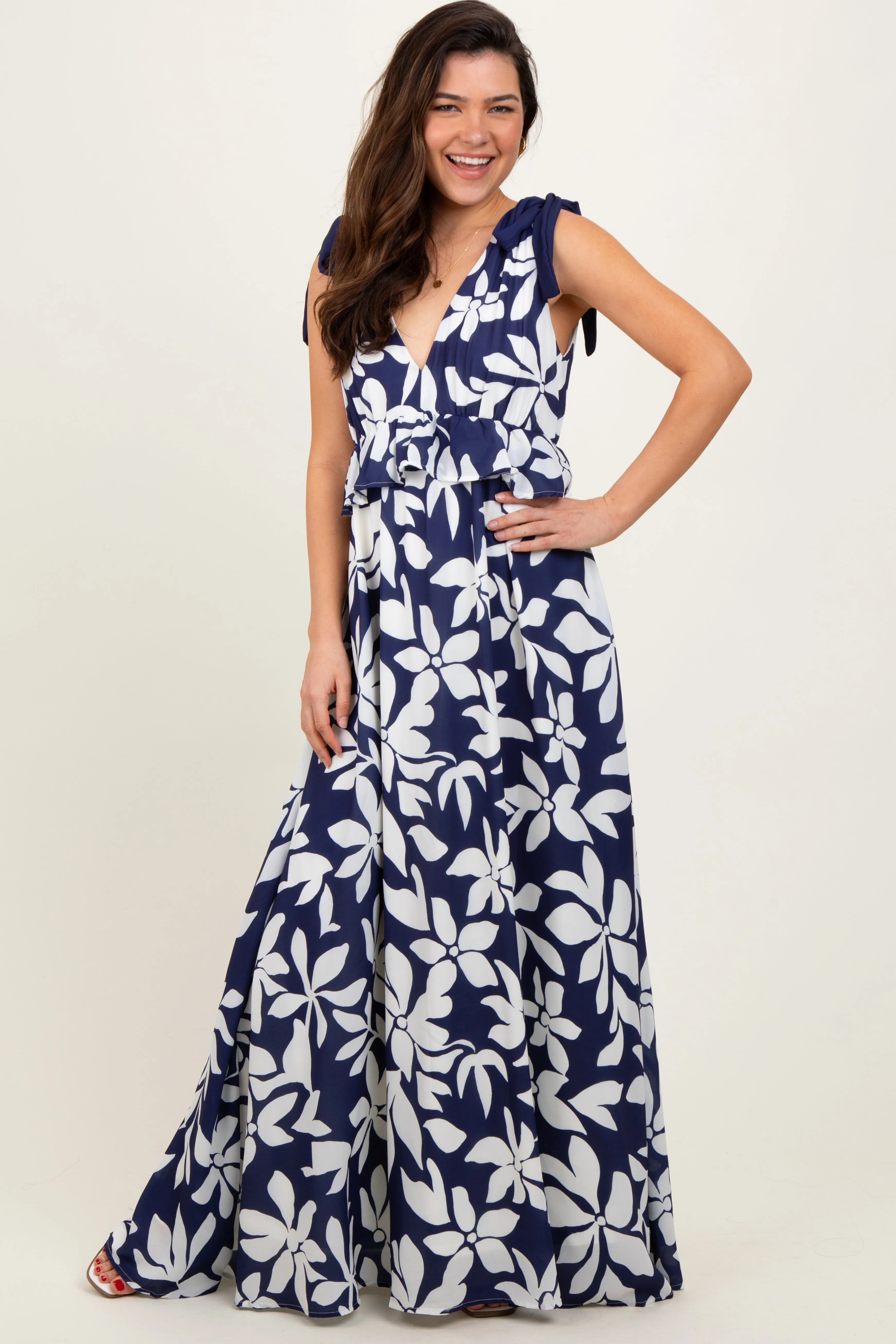 Navy Floral Deep V-Neck Shoulder Tie Maxi Dress sold by Pinkblush