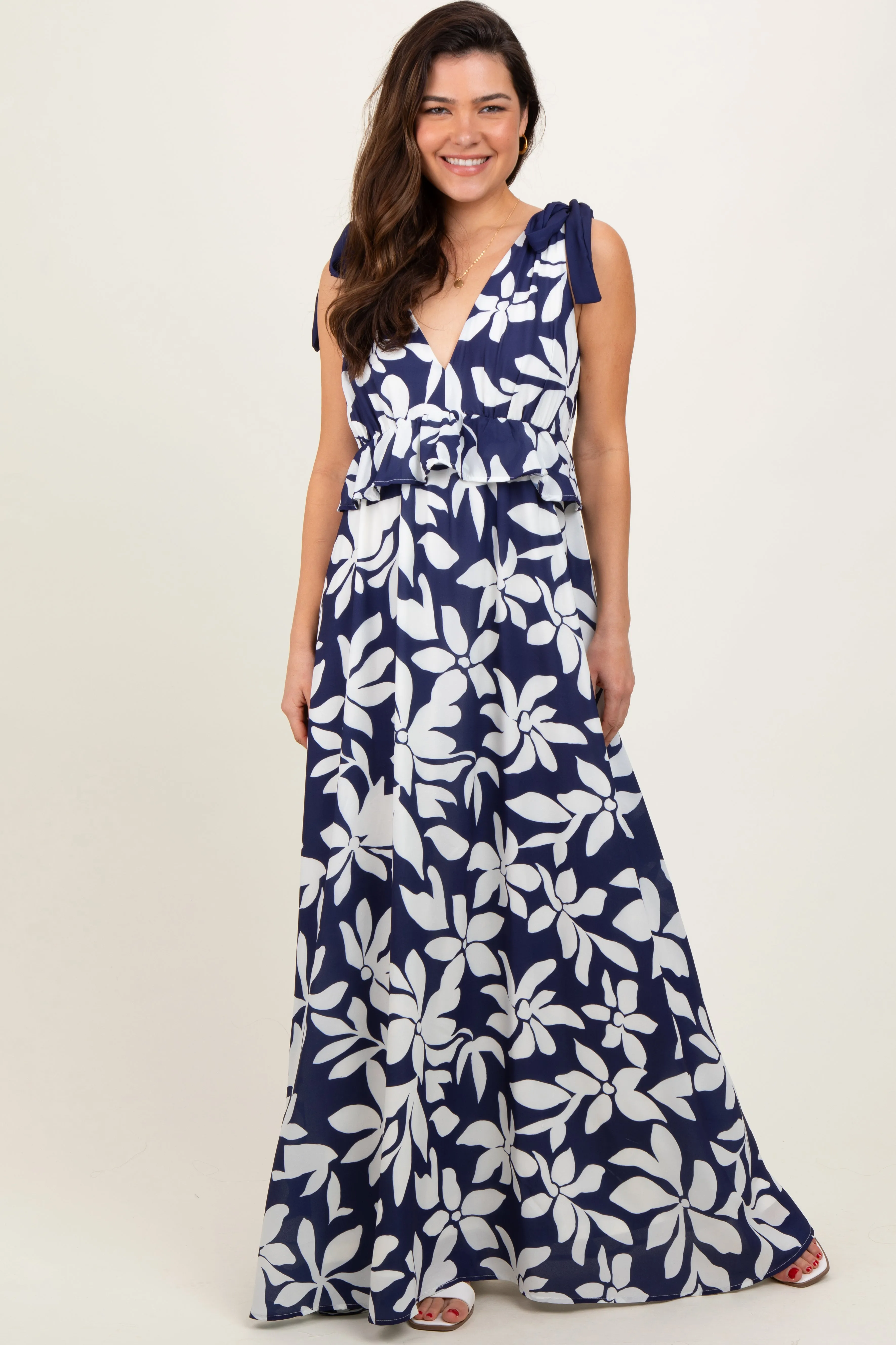 Navy Floral Deep V-Neck Shoulder Tie Maxi Dress sold by Pinkblush product image thumbnail 2