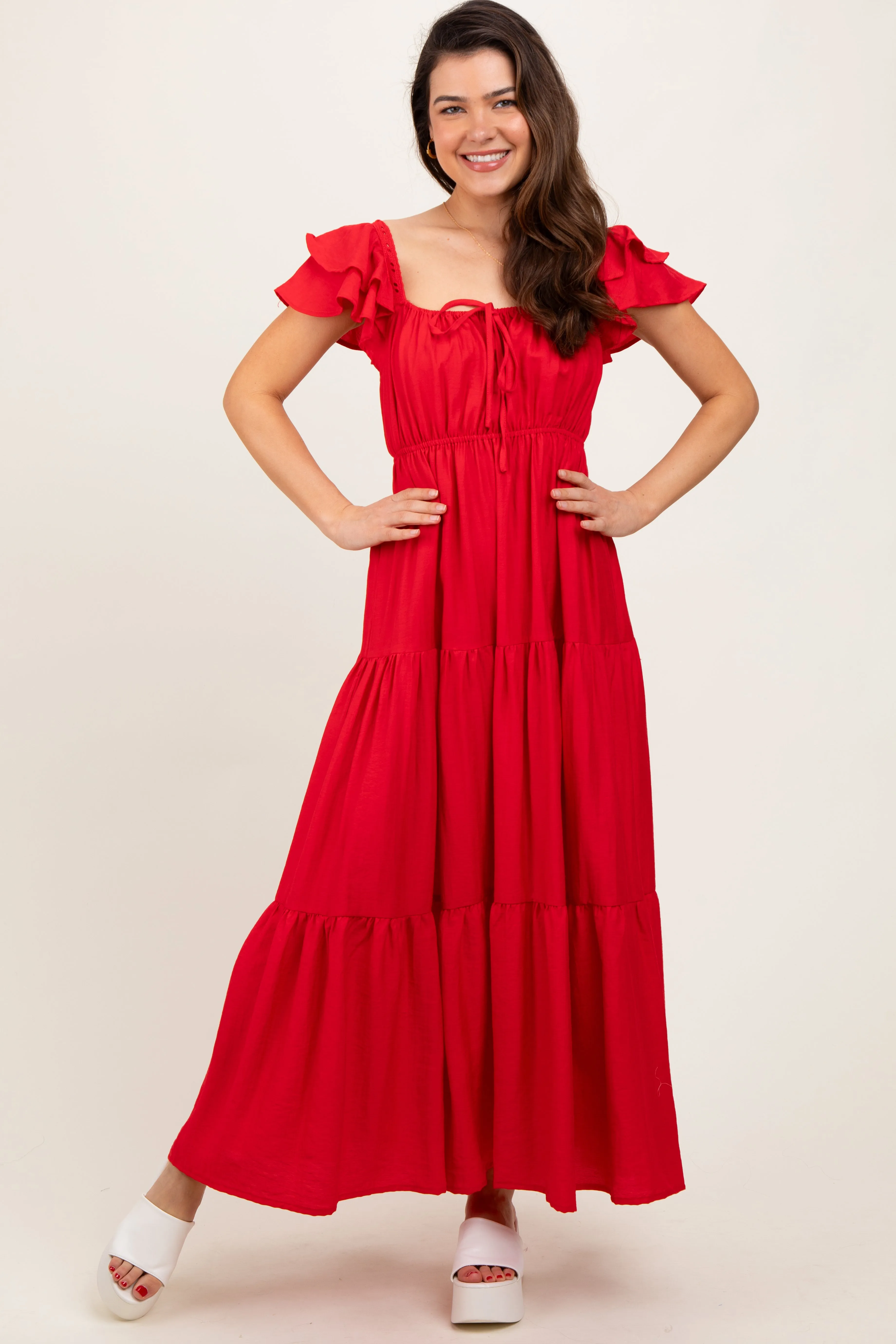 Red Layered Flutter Sleeve Tiered Maxi Dress sold by Pinkblush product image thumbnail 2