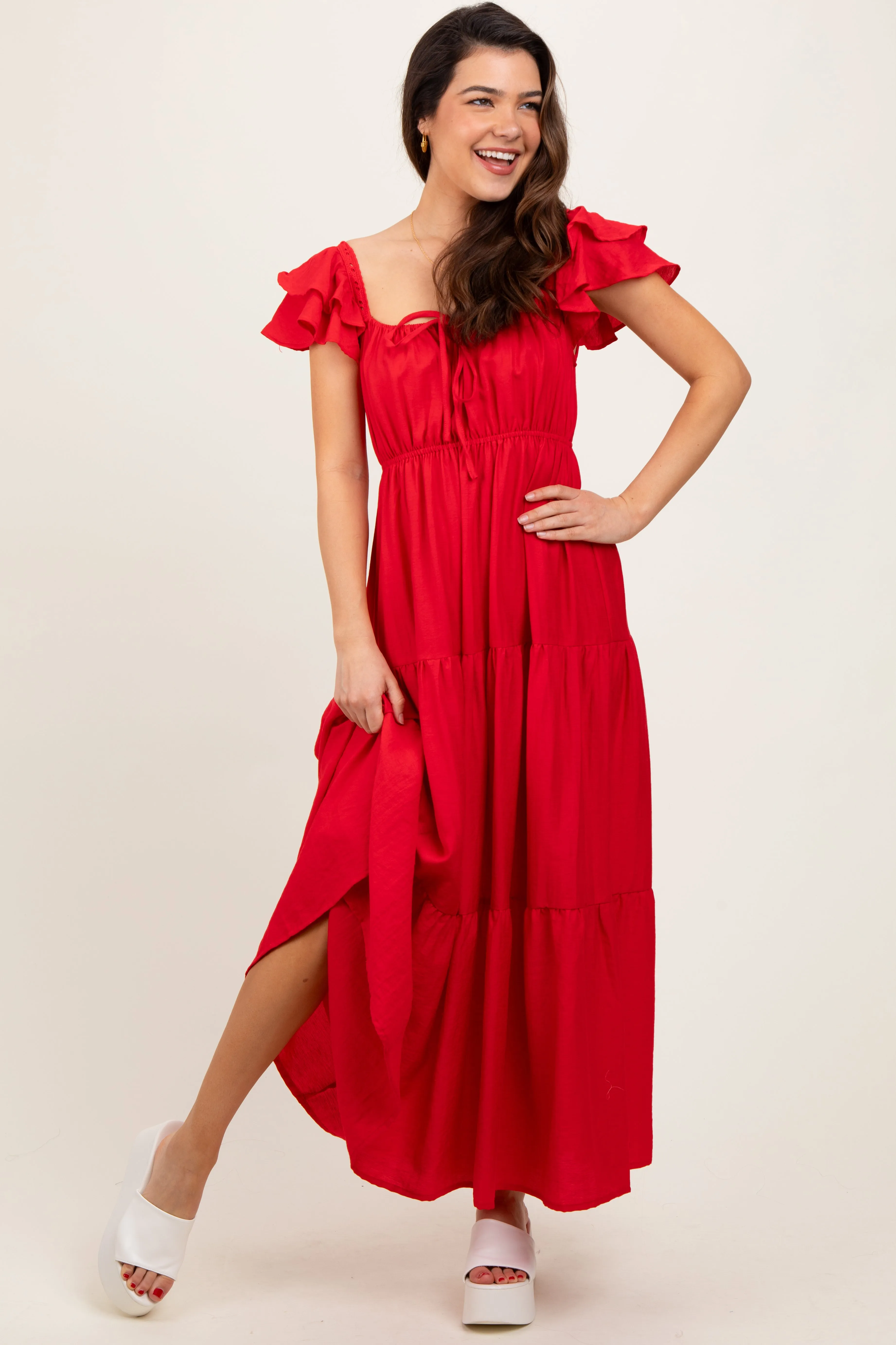 Red Layered Flutter Sleeve Tiered Maxi Dress sold by Pinkblush product image thumbnail 3