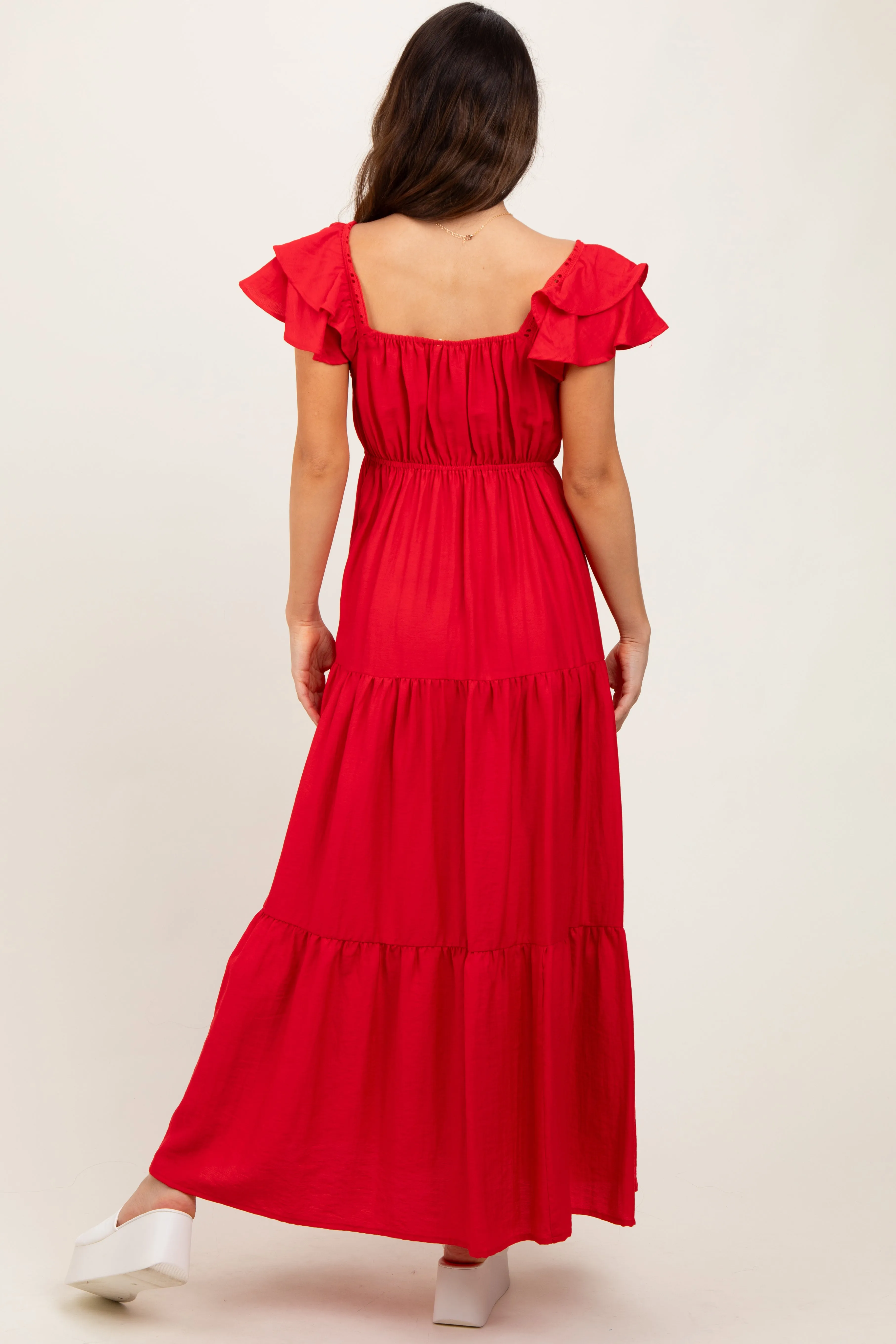 Red Layered Flutter Sleeve Tiered Maxi Dress sold by Pinkblush product image thumbnail 4