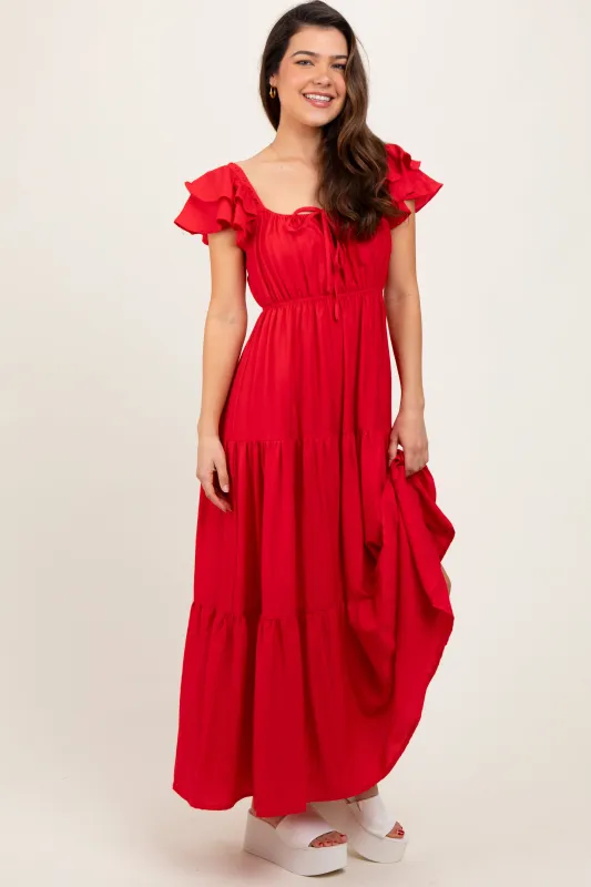 Red Layered Flutter Sleeve Tiered Maxi Dress sold by Pinkblush