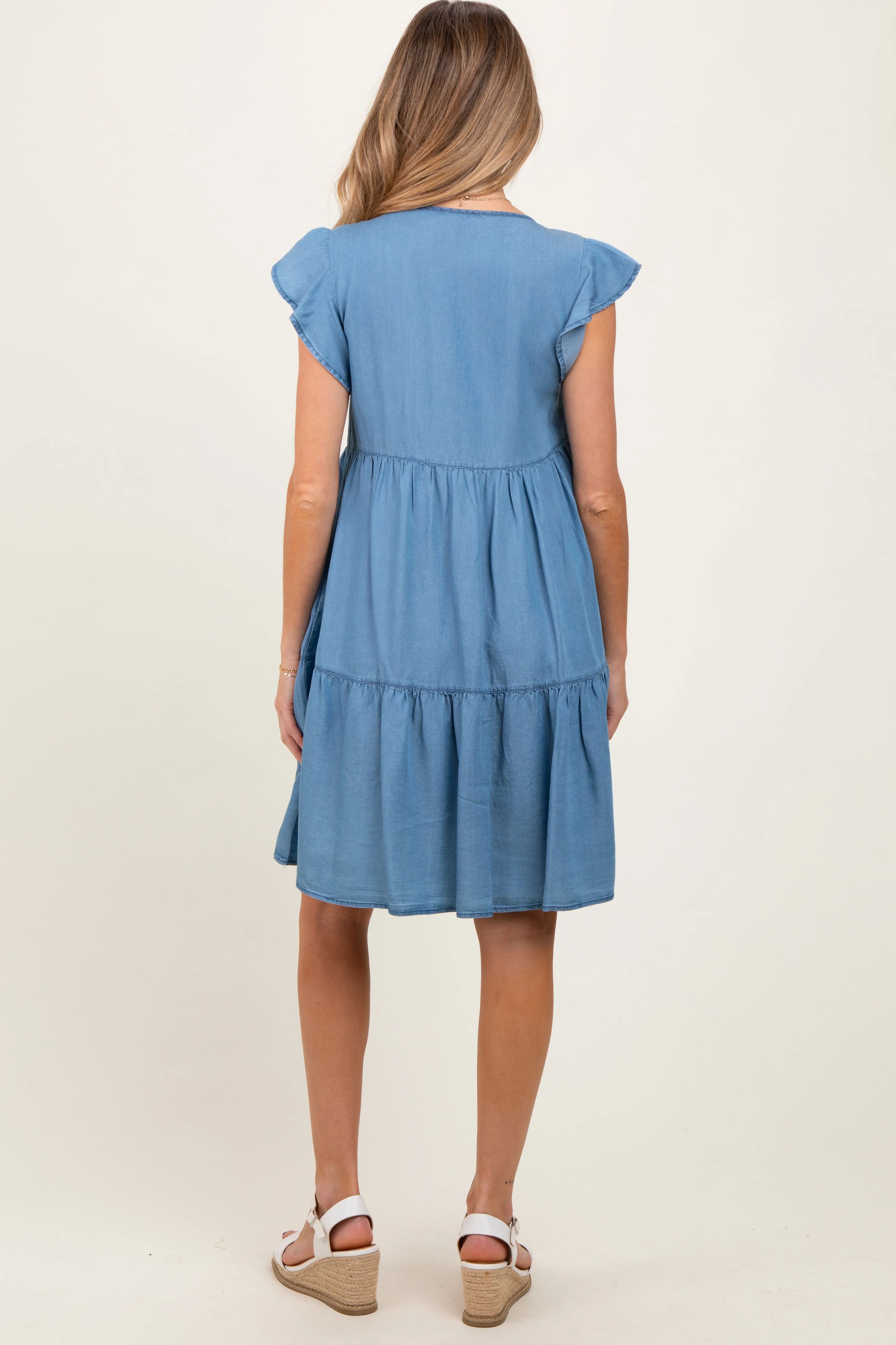 Blue Flutter Sleeve Tiered Maternity Dress sold by Pinkblush product image thumbnail 3