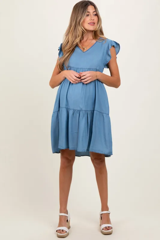 Blue Flutter Sleeve Tiered Maternity Dress sold by Pinkblush