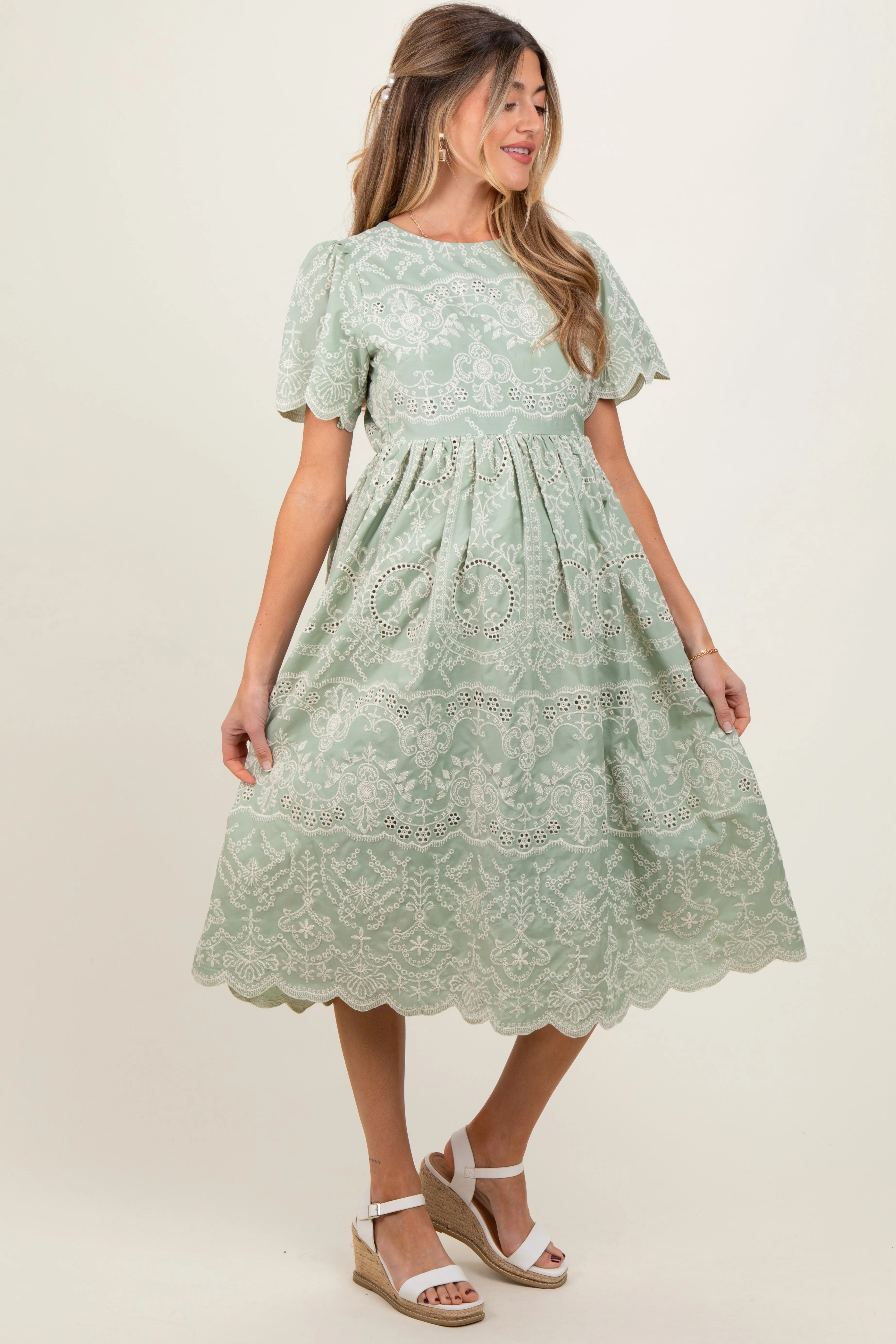 Light Olive Floral Embroidered Tied Waist Maternity Midi Dress sold by Pinkblush product image thumbnail 2