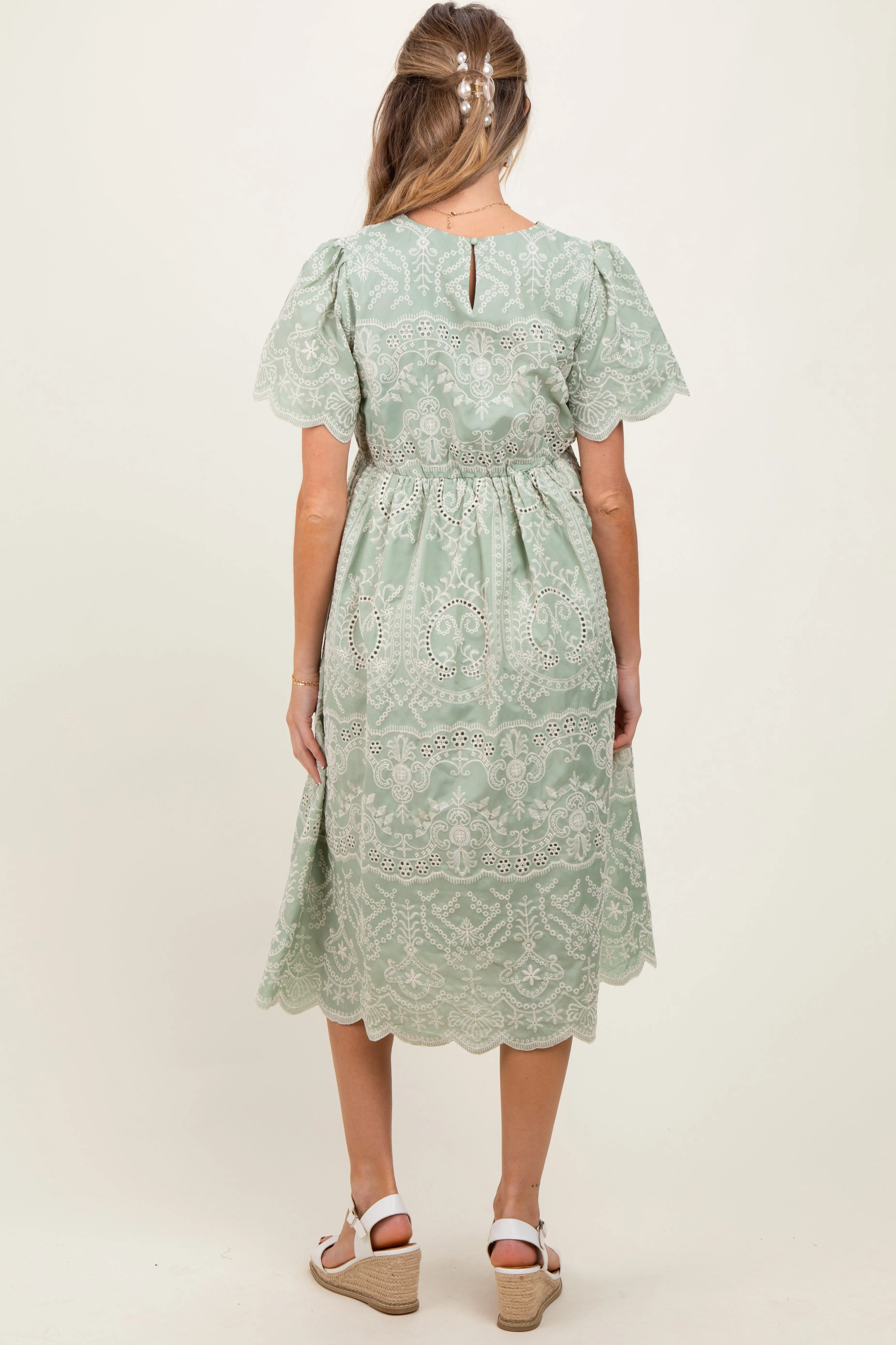 Light Olive Floral Embroidered Tied Waist Maternity Midi Dress sold by Pinkblush product image thumbnail 3