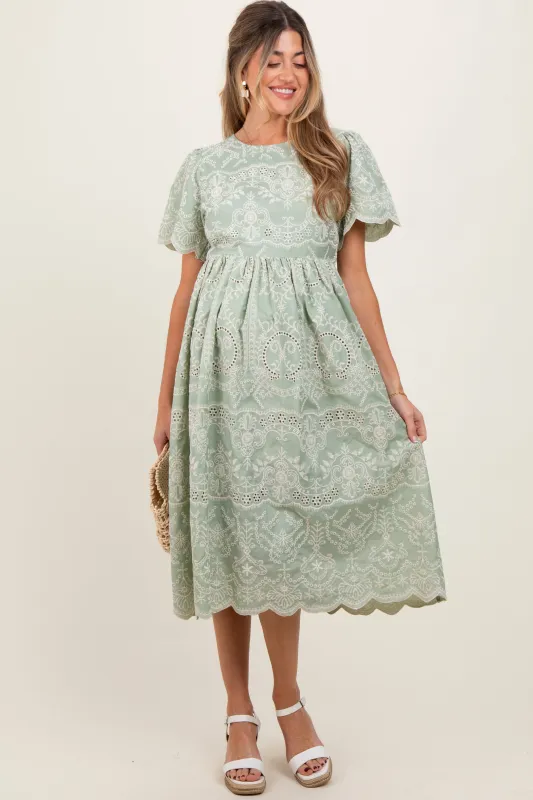 Light Olive Floral Embroidered Tied Waist Maternity Midi Dress sold by Pinkblush