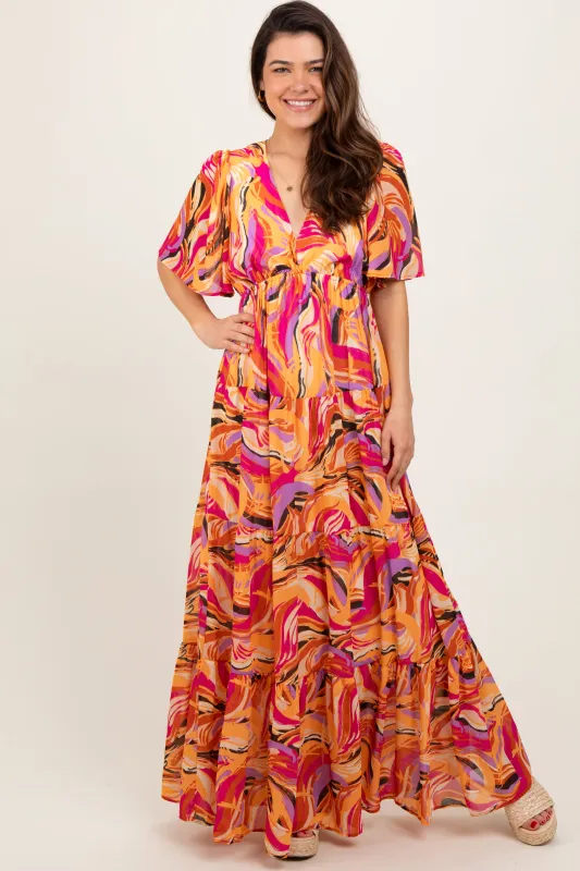 Magenta Brushstroke Print Tiered Maxi Dress sold by Pinkblush