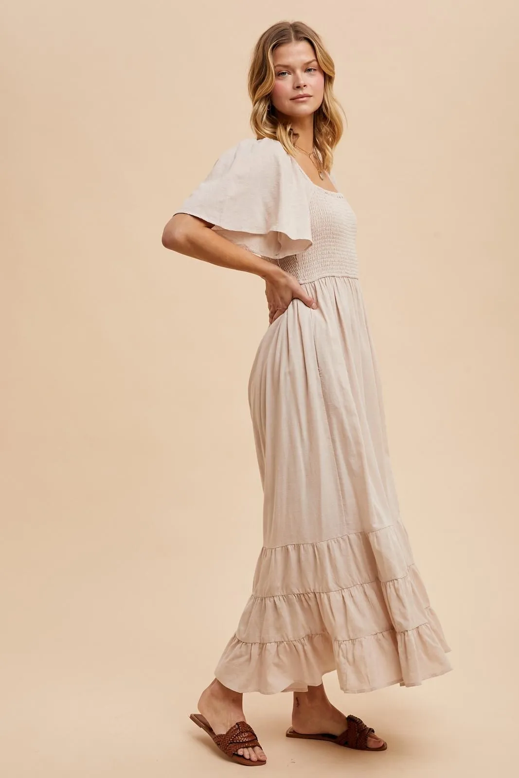 Cream Smocked Cotton Flutter Sleeve Maxi Dress sold by Pinkblush product image thumbnail 3