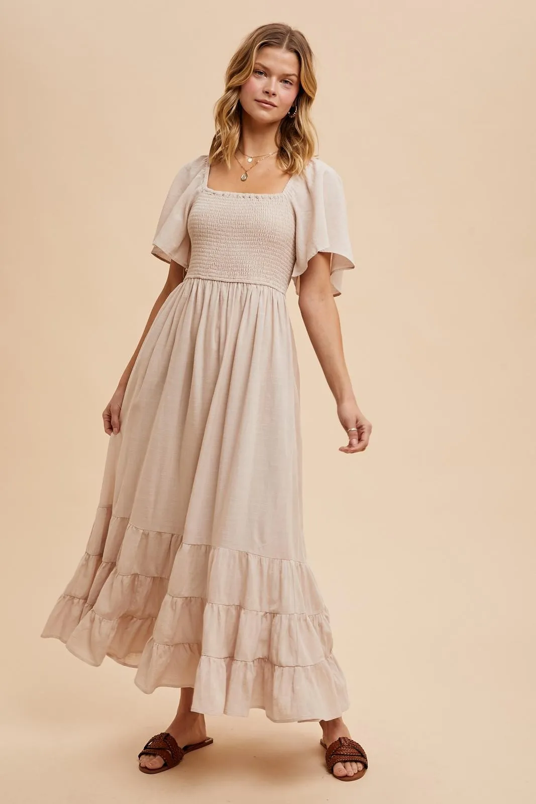 Cream Smocked Cotton Flutter Sleeve Maxi Dress sold by Pinkblush product image thumbnail 2