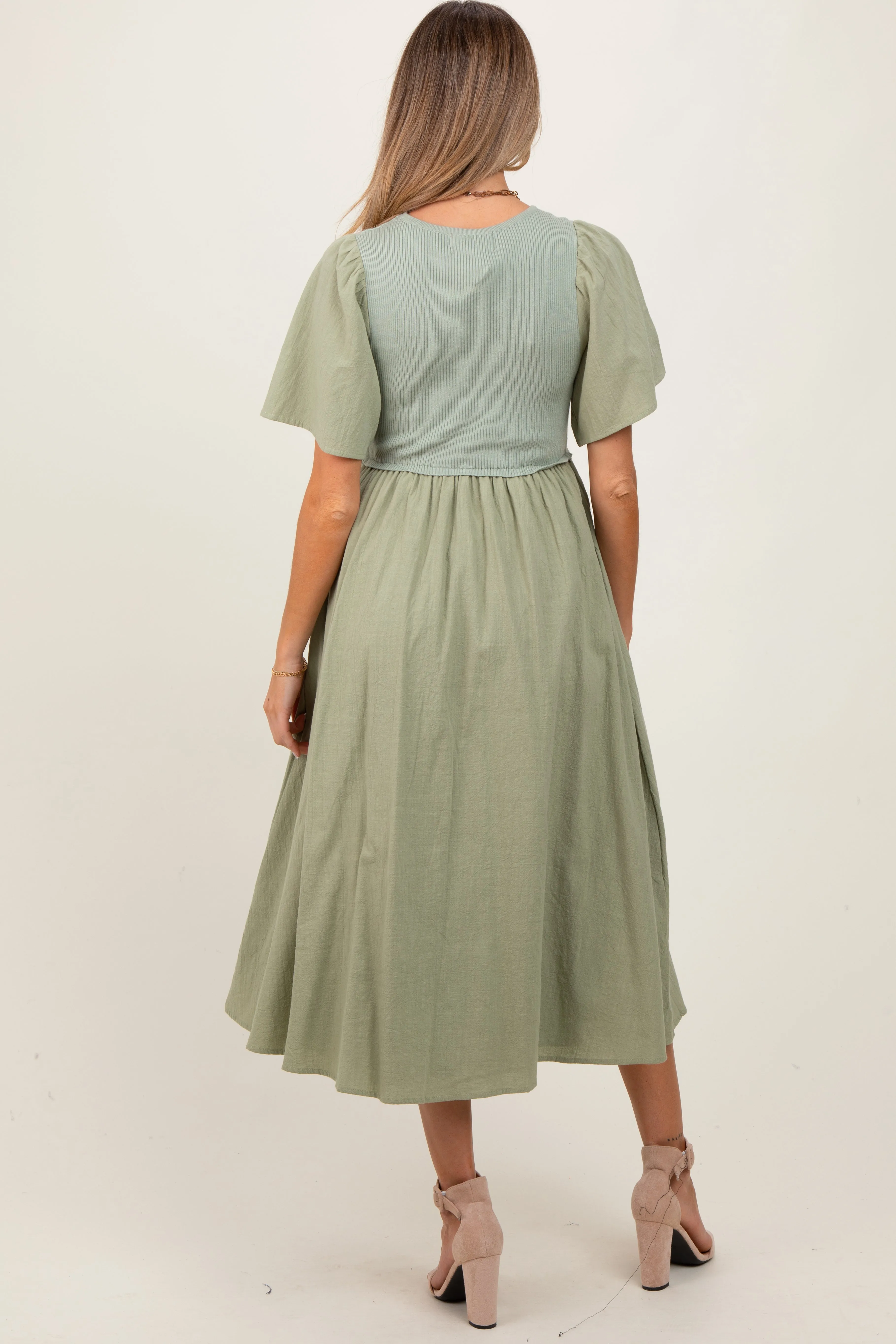 Light Olive Ribbed Knit Contrast Top Maternity Midi Dress sold by Pinkblush product image thumbnail 3