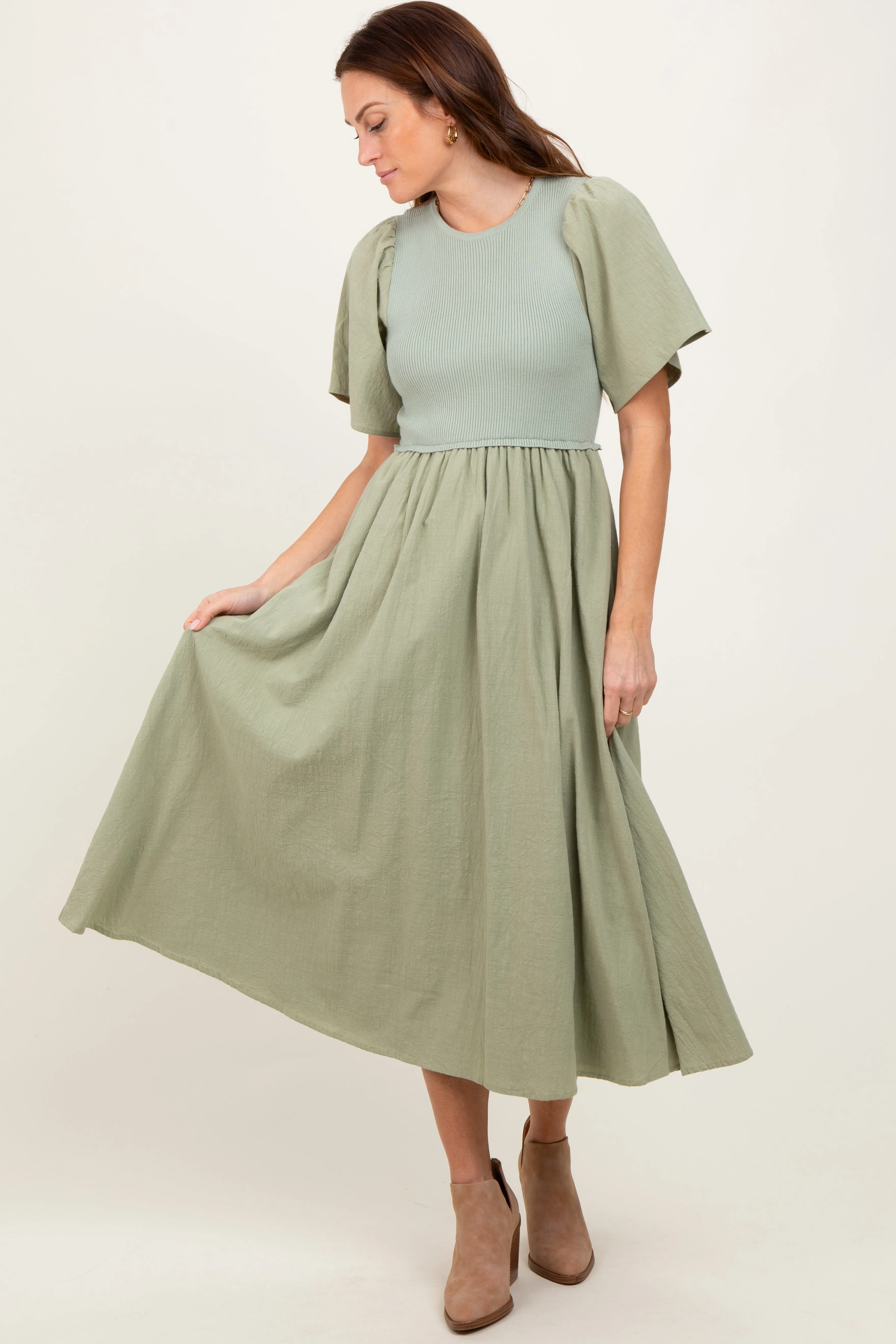 Light Olive Ribbed Knit Contrast Top Maternity Midi Dress sold by Pinkblush product image thumbnail 4