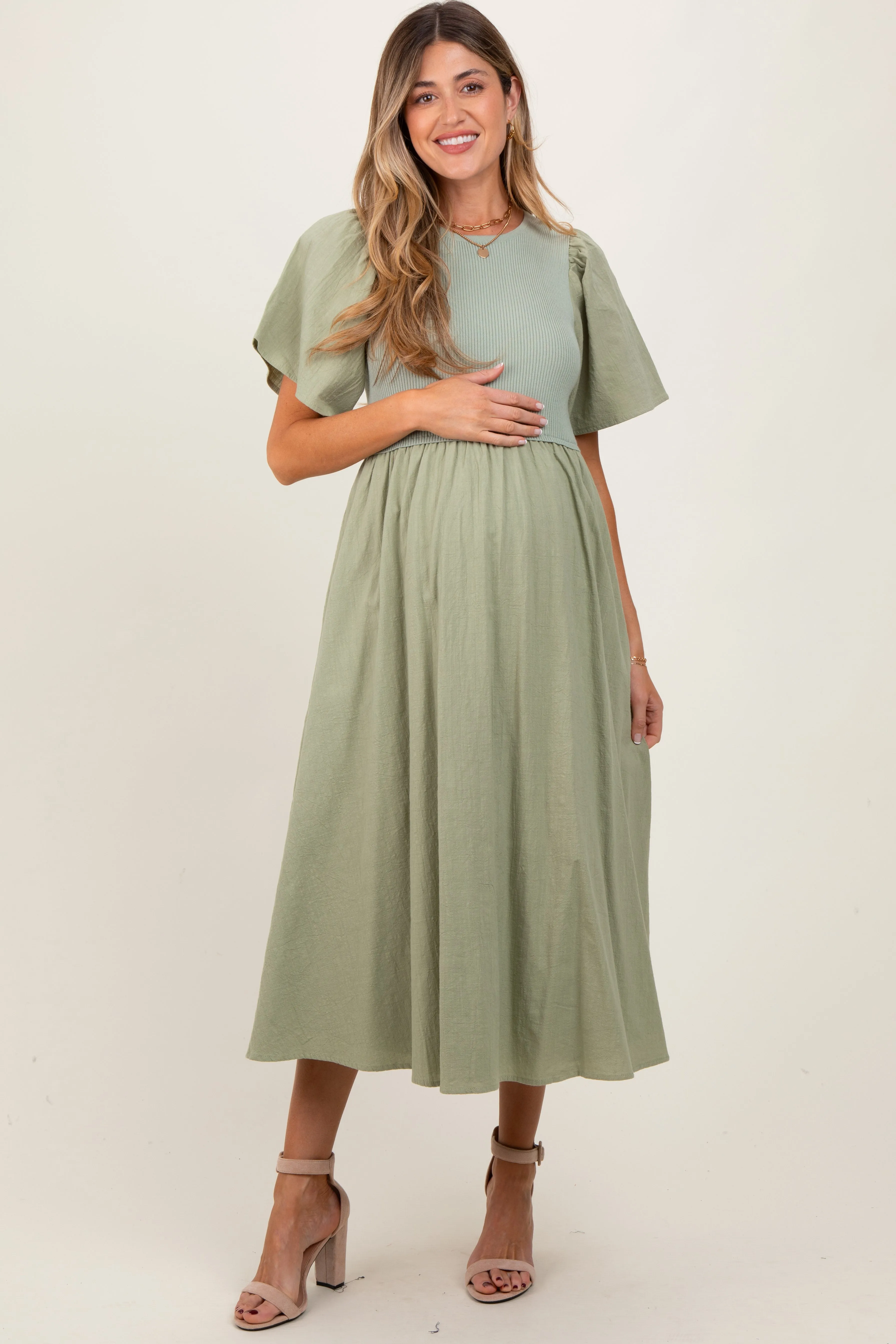 Light Olive Ribbed Knit Contrast Top Maternity Midi Dress sold by Pinkblush