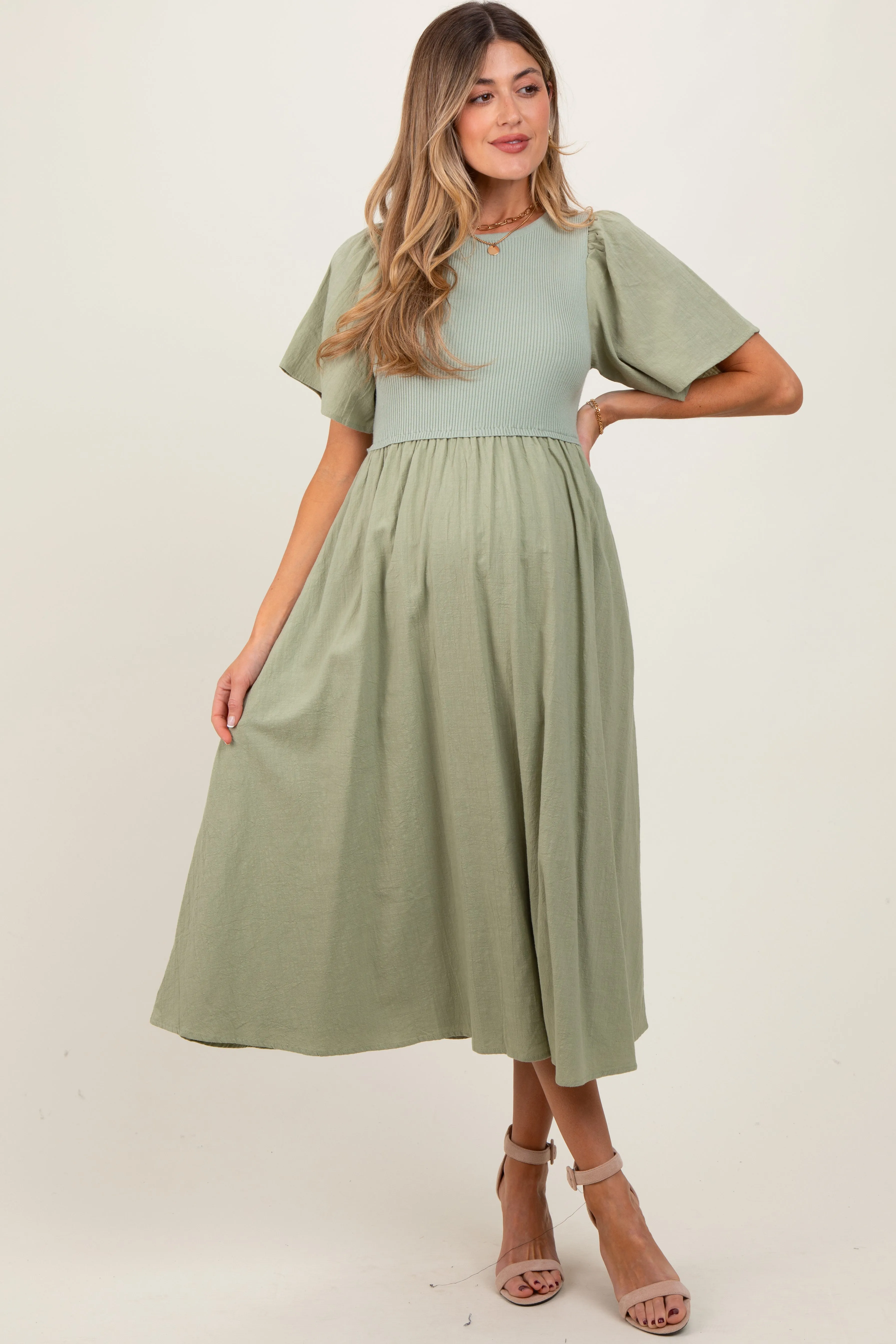 Light Olive Ribbed Knit Contrast Top Maternity Midi Dress sold by Pinkblush product image thumbnail 2