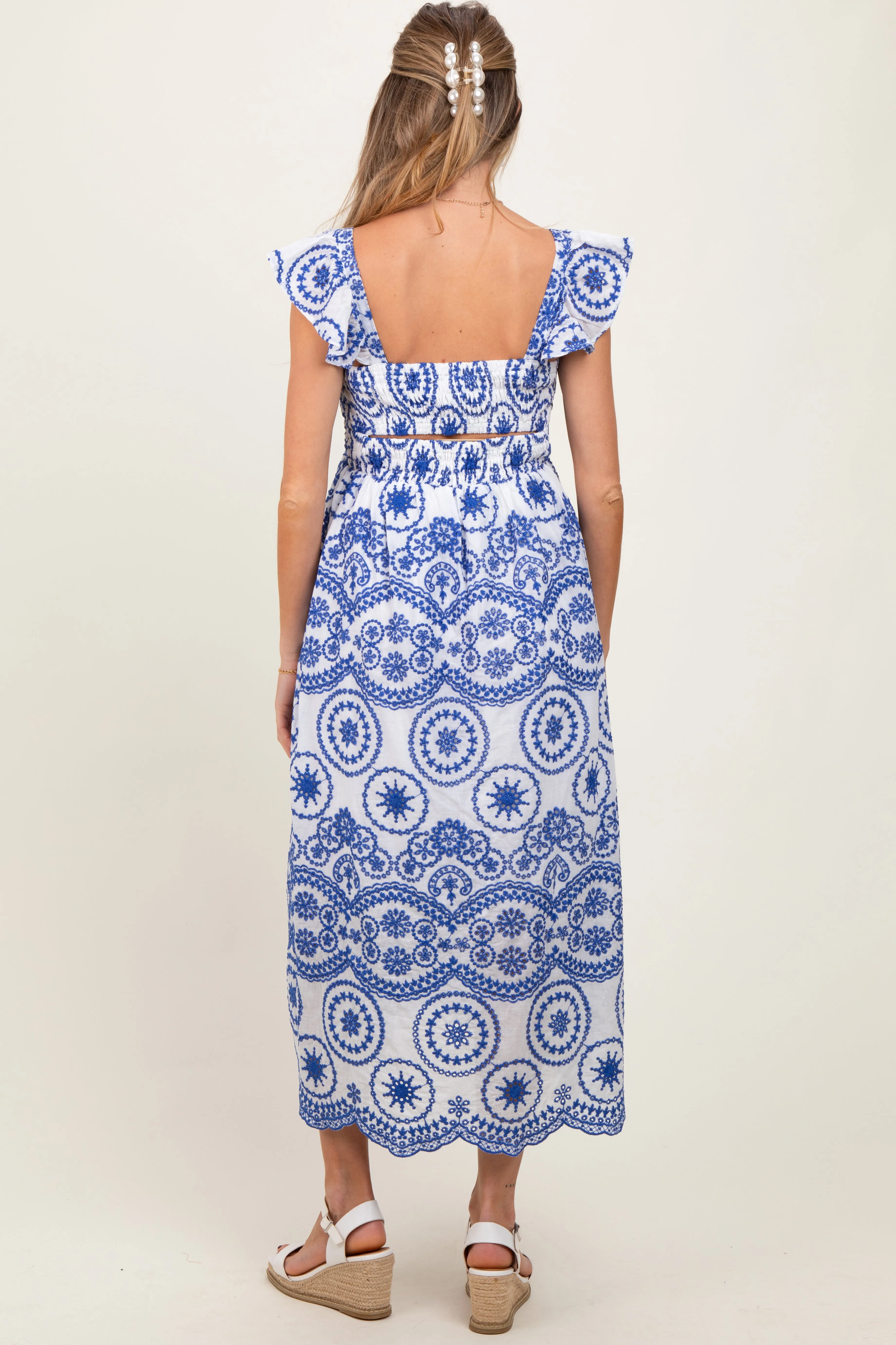 Light Navy Embroidered Smocked Cutout Maternity Midi Dress sold by Pinkblush product image thumbnail 4