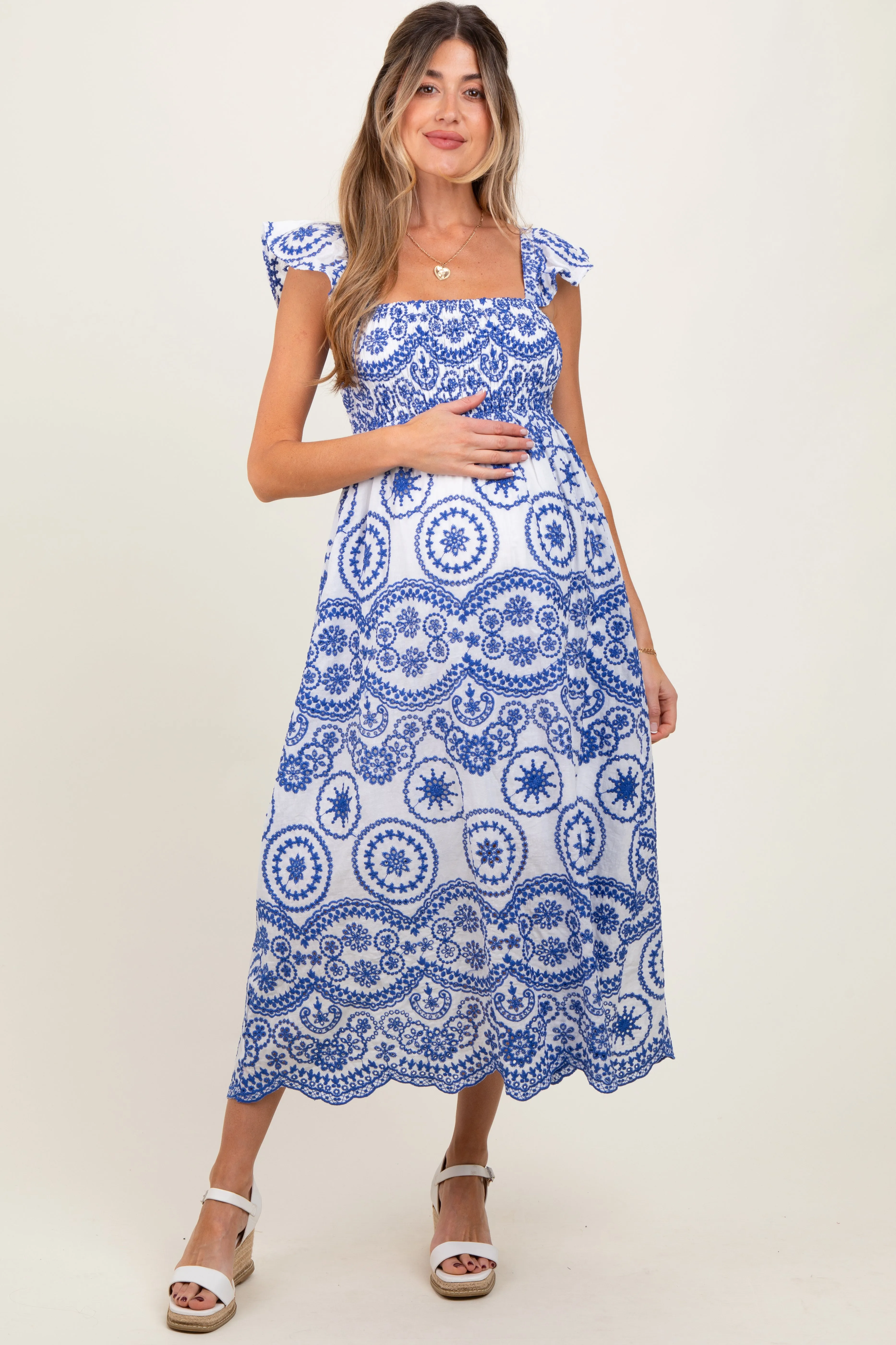 Light Navy Embroidered Smocked Cutout Maternity Midi Dress sold by Pinkblush