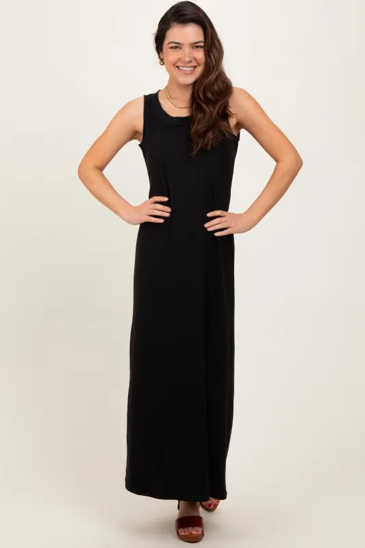Black Sleeveless Flared Scoop Neck Maxi Dress sold by Pinkblush